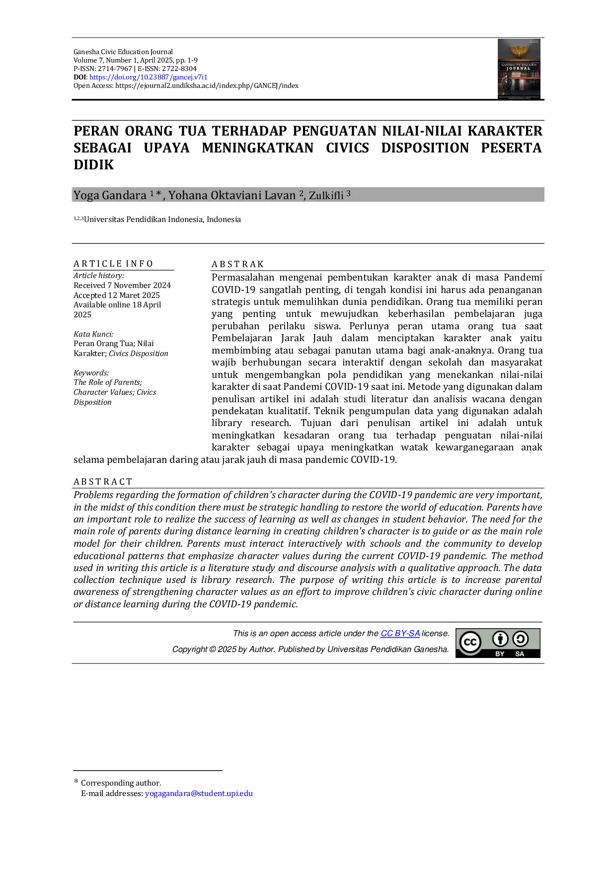 JURIS Peran Orang Tua Terhadap Penguatan Nilai Nilai Karakter Sebagai Upaya Meningkatkan Civics Disposition Peserta Didik