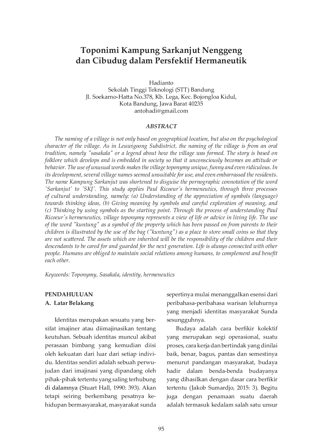 JURIS Toponimi Kampung Sarkanjut Nenggeng dan Cibudug dalam Persfektif Hermaneutik