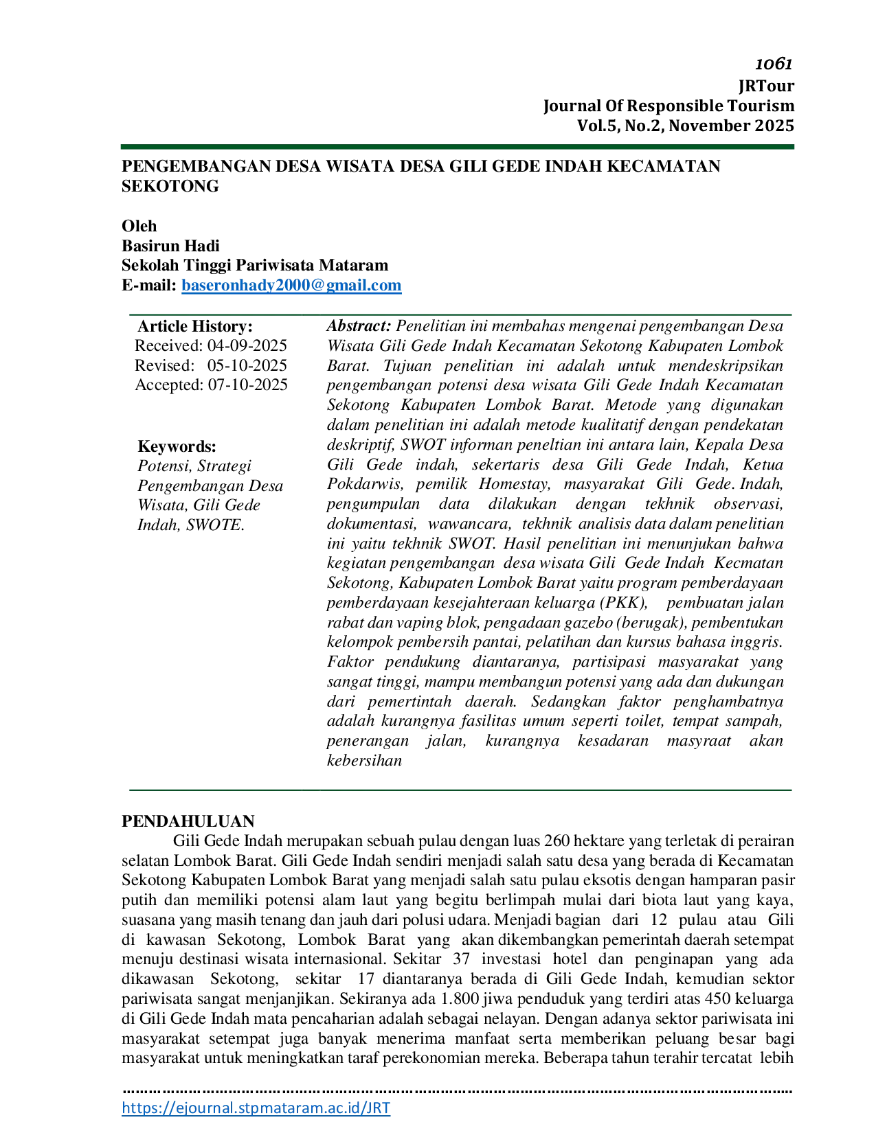 JURIS Pengembangan Desa Wisata Desa Gili Gede Indah Kecamatan Sekotong