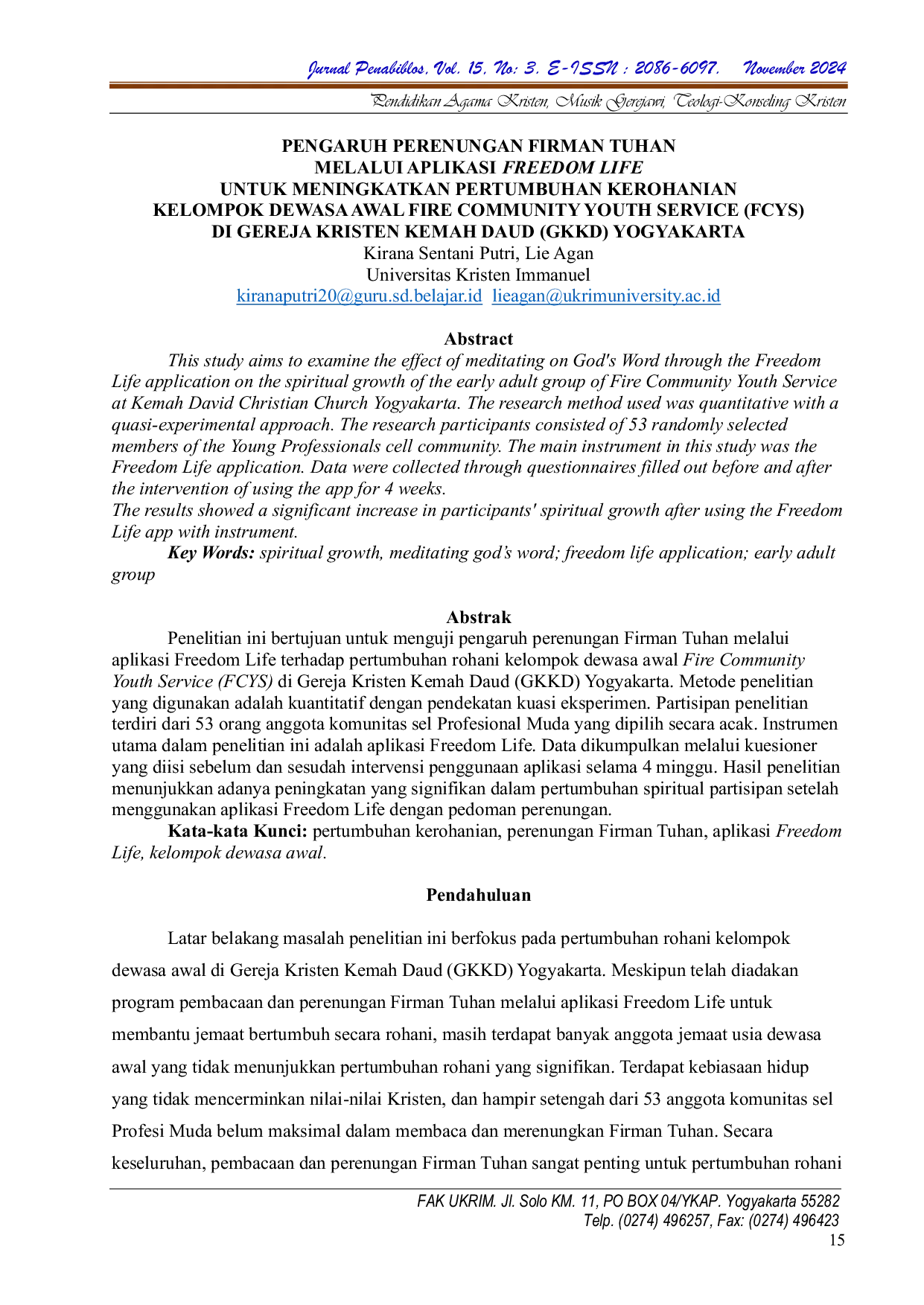 JURIS Pengaruh Perenungan Firman Tuhan Melalui Aplikasi Freedom Life Untuk Meningkatkan Pertumbuhan Kerohanian Kelompok Dewasa Awal Fire Community Youth Service Fcys Di Gereja Kristen Kemah Daud Gkkd Yo