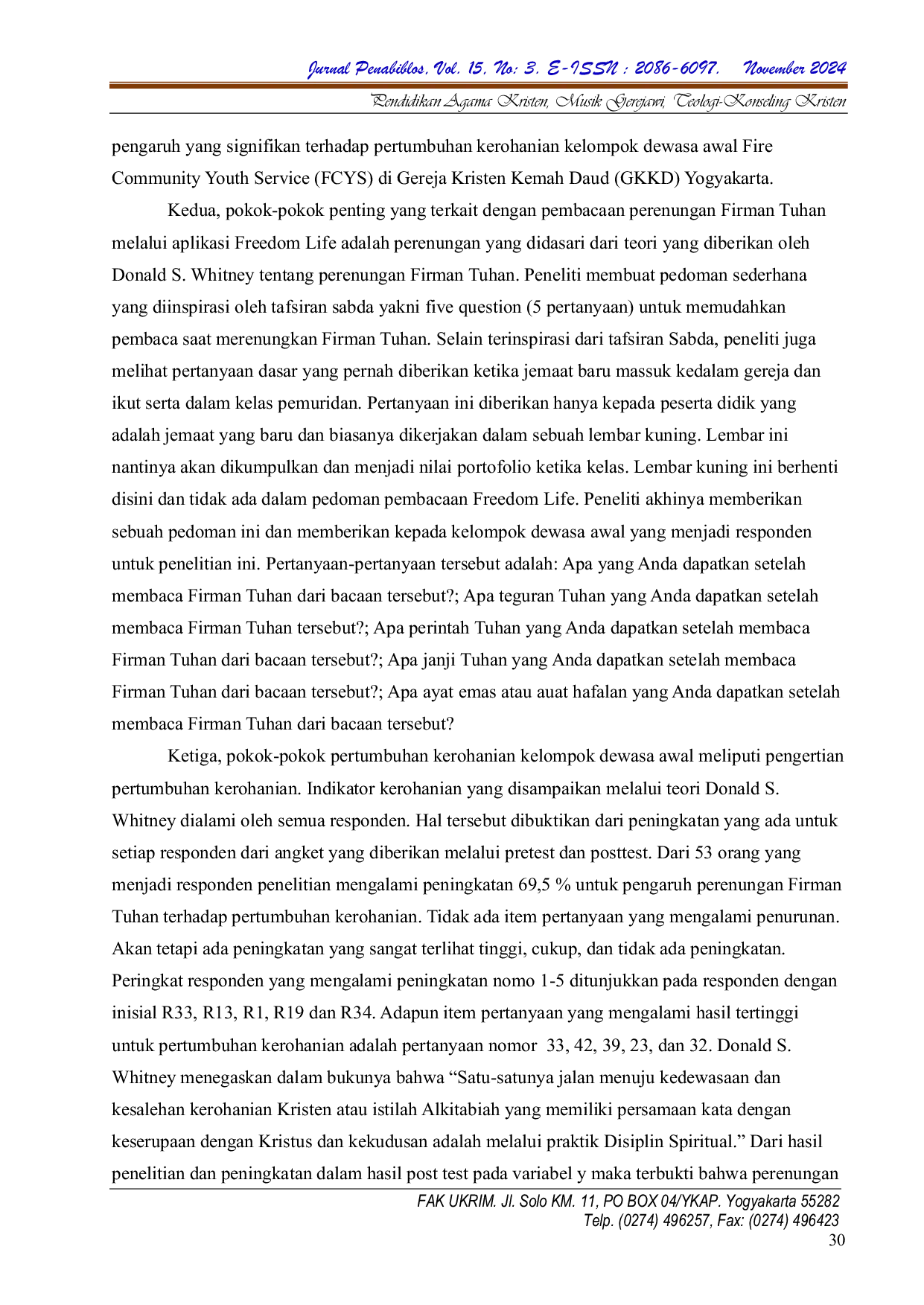 JURIS Pengaruh Perenungan Firman Tuhan Melalui Aplikasi Freedom Life Untuk Meningkatkan Pertumbuhan Kerohanian Kelompok Dewasa Awal Fire Community Youth Service Fcys Di Gereja Kristen Kemah Daud Gkkd Yo