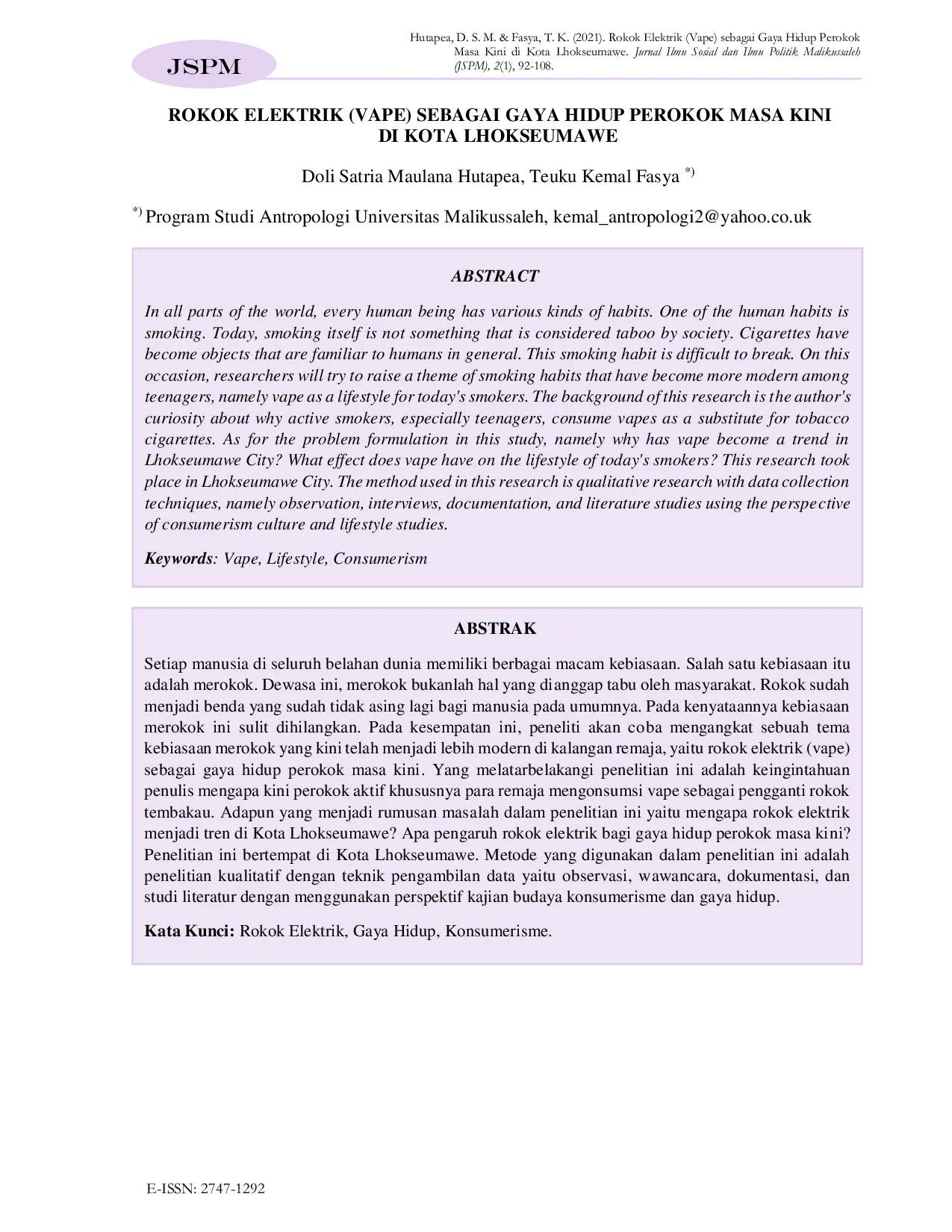 JURIS Rokok Elektrik Vape sebagai Gaya Hidup Perokok Masa Kini di Kota Lhokseumawe