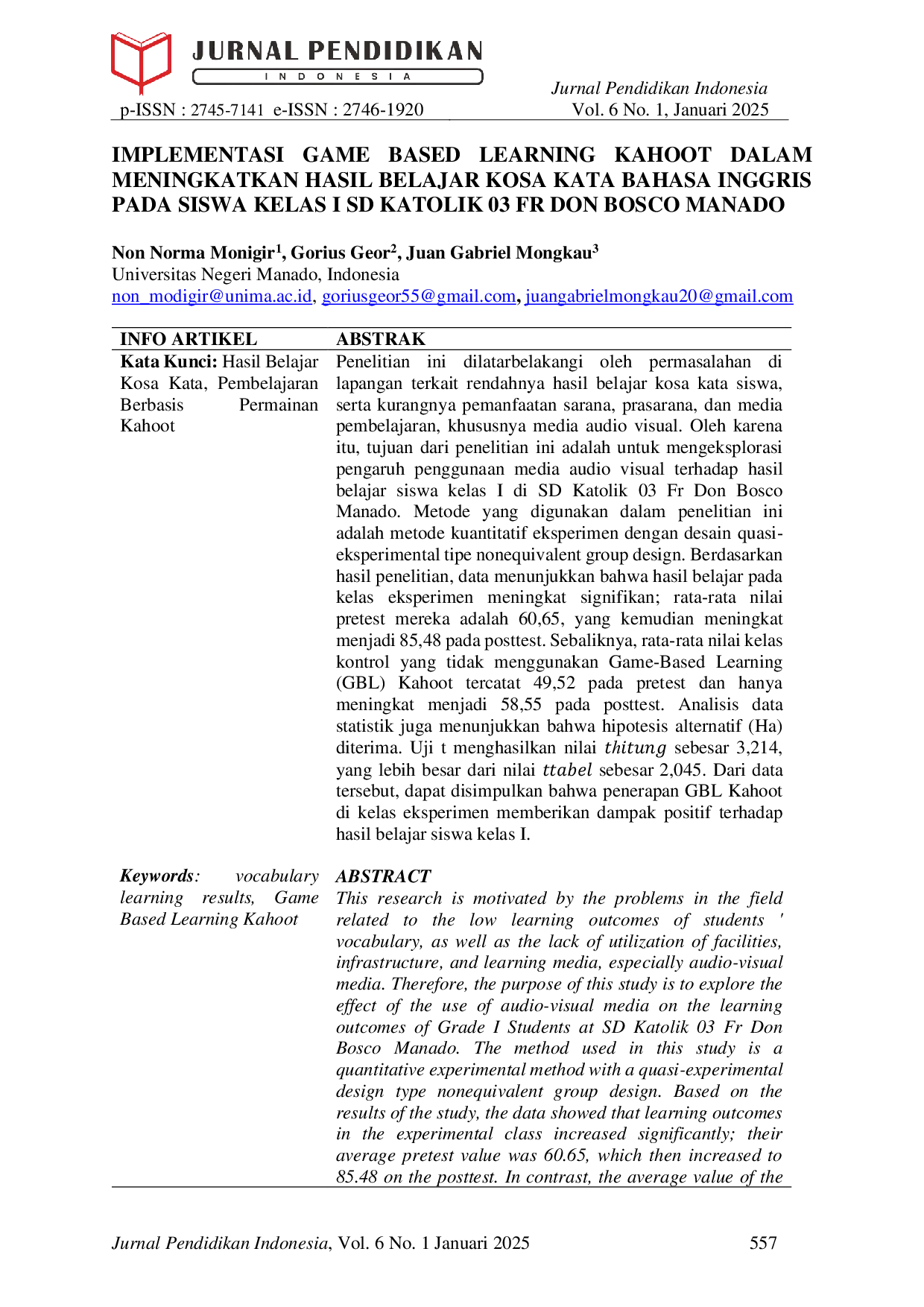 JURIS Implementasi Game Based Learning Kahoot Dalam Meningkatkan Hasil Belajar Kosa Kata Bahasa Inggris Pada Siswa Kelas I SD Katolik 03 Fr Don Bosco Manado