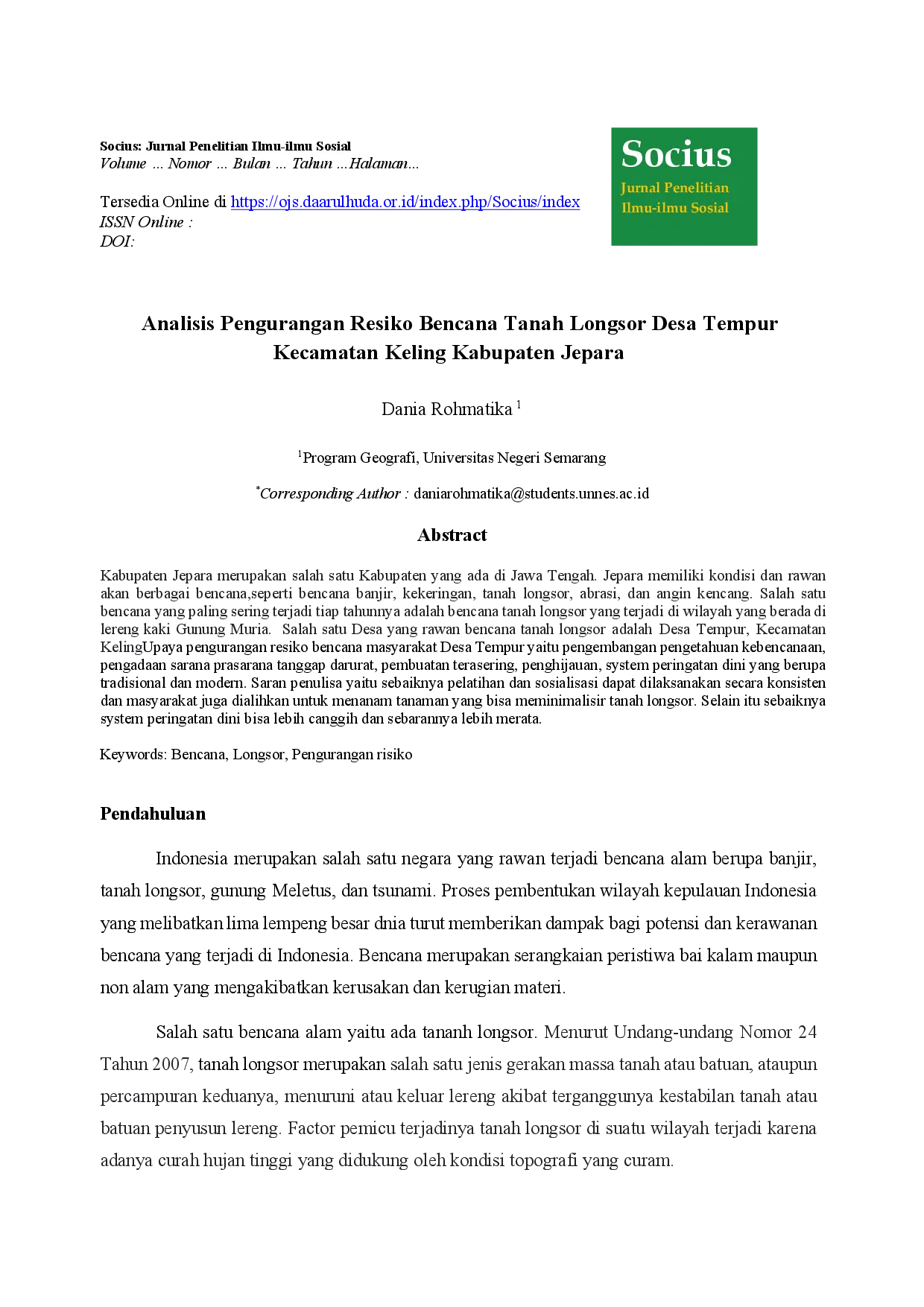 juris Analisis Pengurangan Resiko Bencana Tanah Longsor Desa Tempur Kecamatan Keling Kabupaten Jepara
