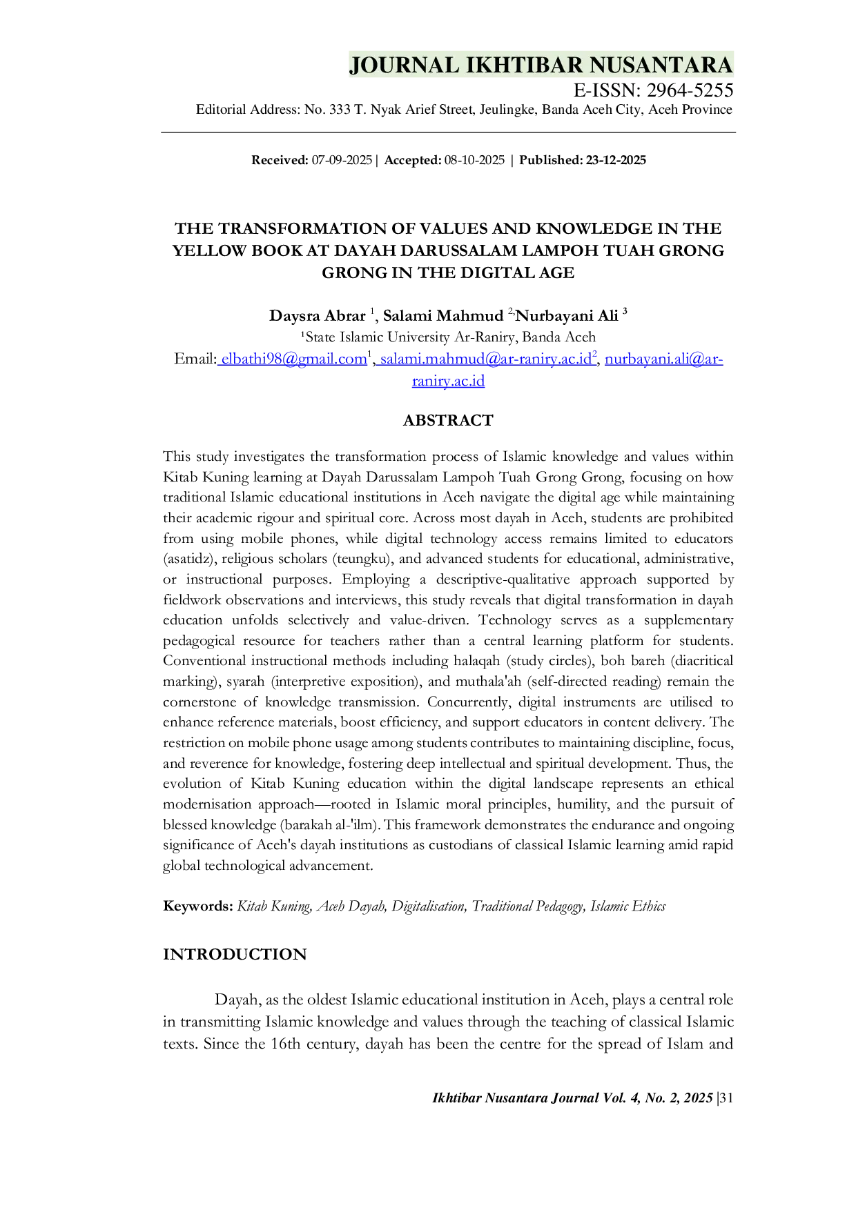 JURIS The Transformation of Values and Knowledge in the Yellow Book at Dayah Darussalam Lampoh Tuah Grong Grong in the Digital Age