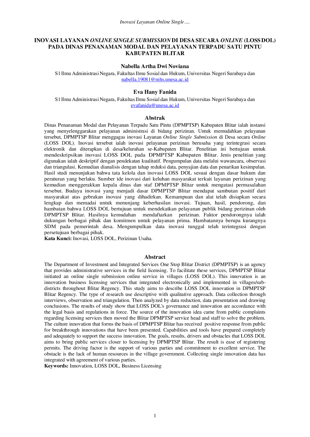 JURIS Inovasi Layanan Online Single Submission Di Desa Secara Online Loss Dol Pada Dinas Penanaman Modal Dan Pelayanan Terpadu Satu Pintu Kabupaten Blitar