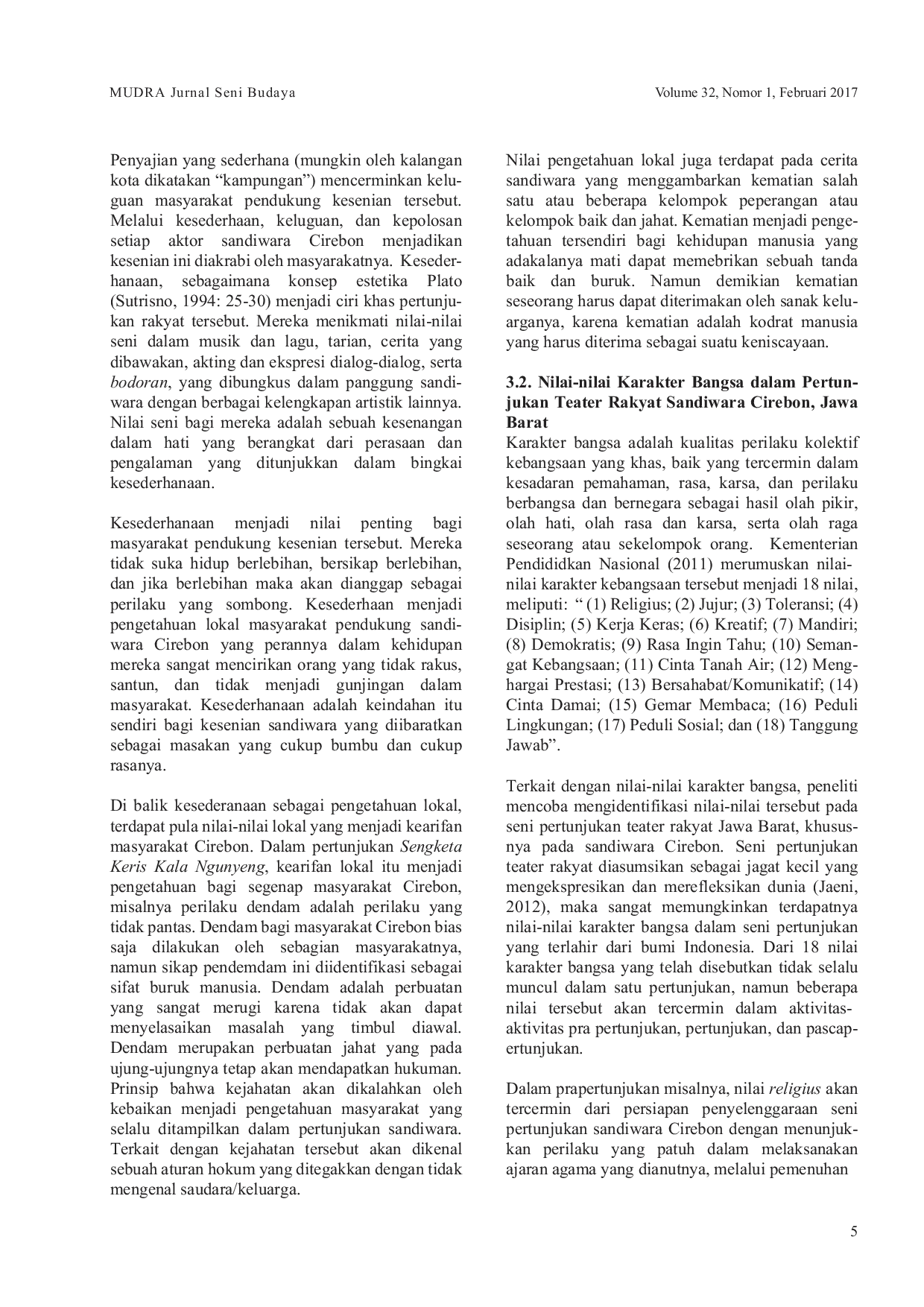 JURIS Nilai Nilai Pengetahuan Lokal Pembentuk Karakter Bangsa Dalam Sandiwara Cirebon Jawa Barat