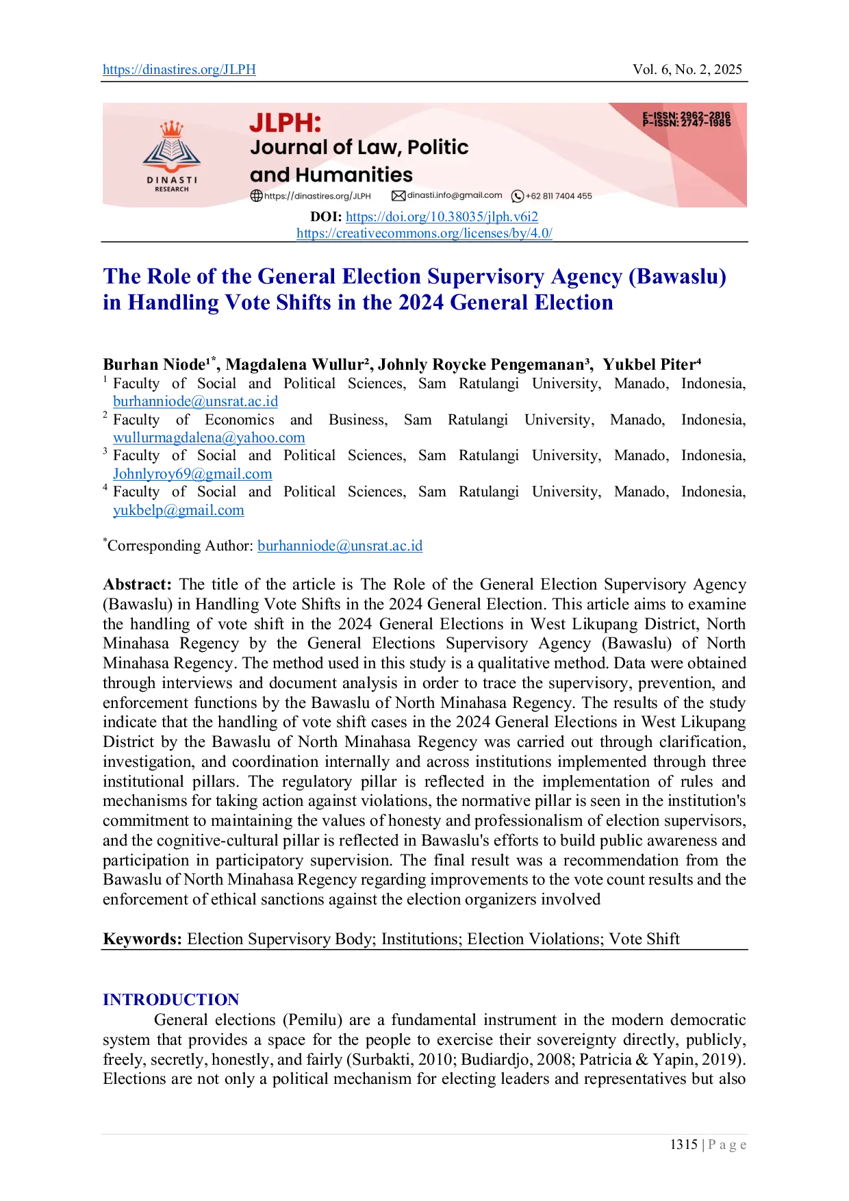 JURIS The Role of the General Election Supervisory Agency Bawaslu in Handling Vote Shifts in the 2024 General Elections