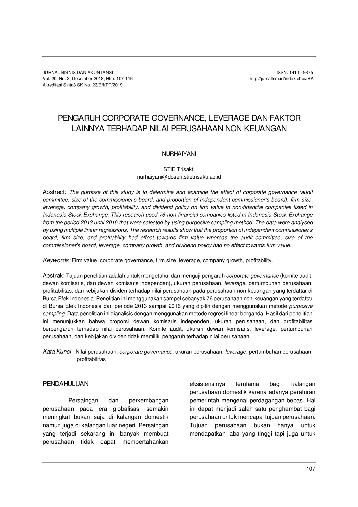 JURIS Pengaruh Corporate Governance Leverage Dan Faktor Lainnya Terhadap Nilai Perusahaan Non Keuangan