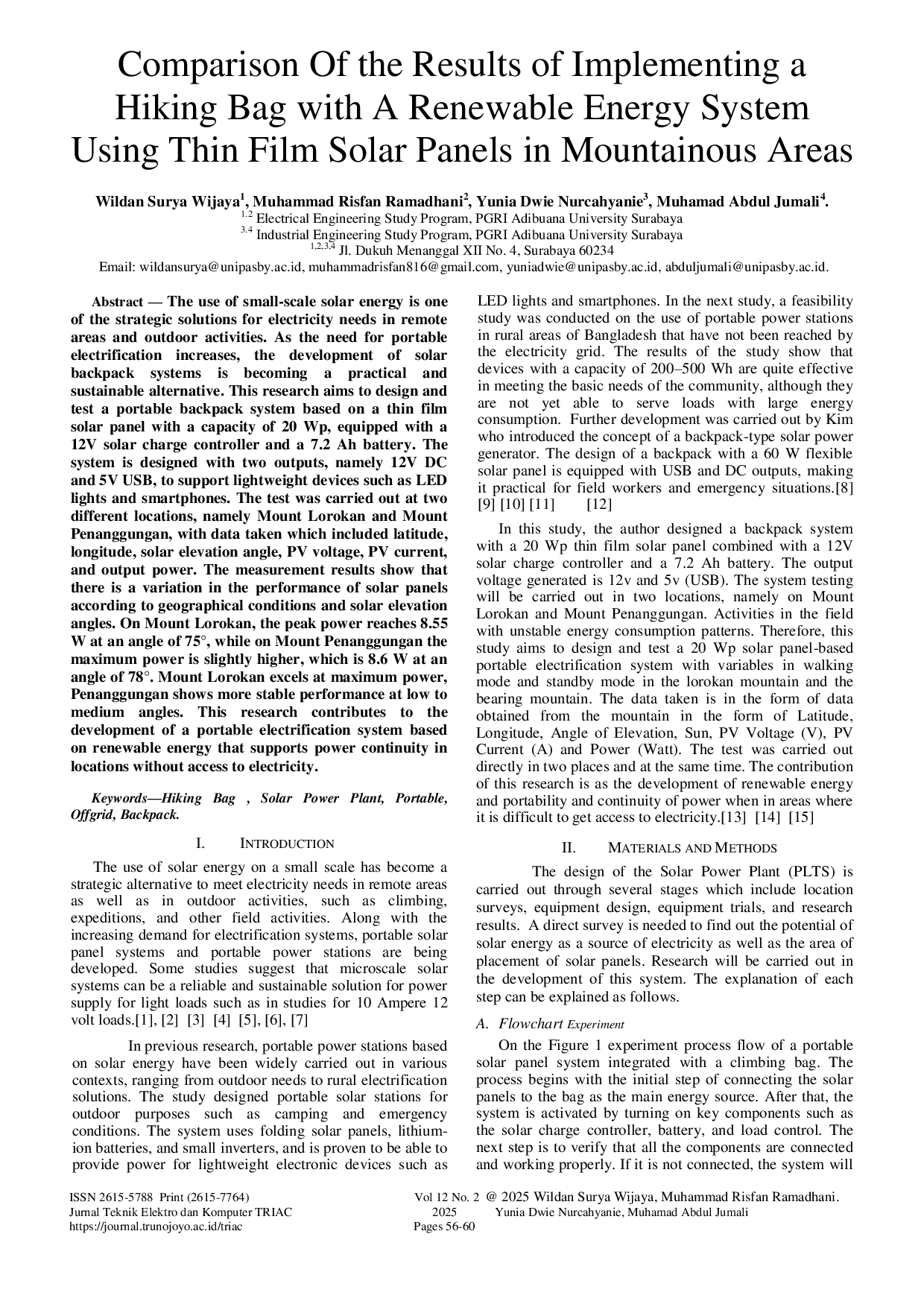 JURIS Design and Implementation of Hiking Bags with Renewable Energy Systems Using Thin Film Solar Panels