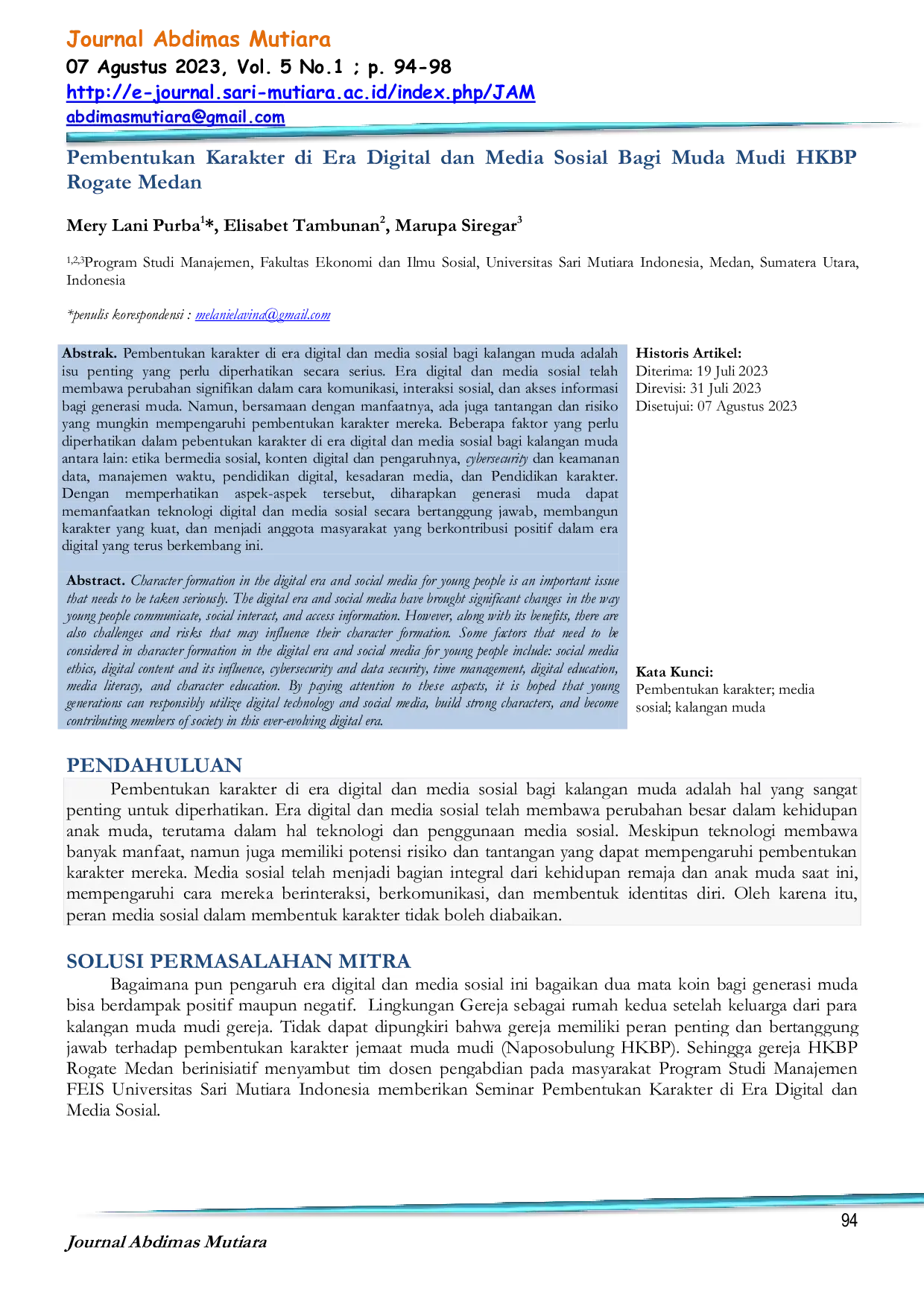 JURIS Pembentukan Karakter di Era Digital dan Media Sosial Bagi Muda Mudi HKBP Rogate Medan