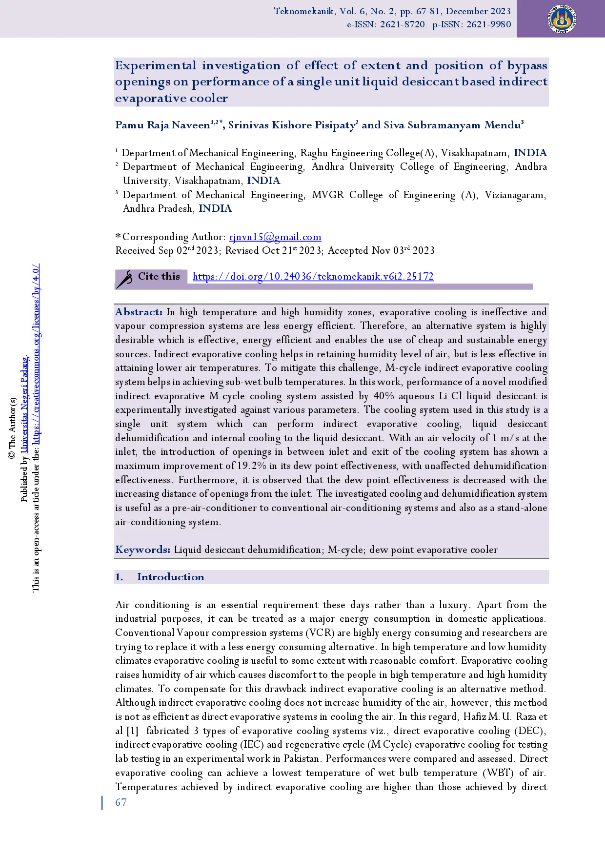 juris Experimental investigation of effect of extent and position of bypass openings on performance of a single unit liquid desiccant based indirect evaporative cooler