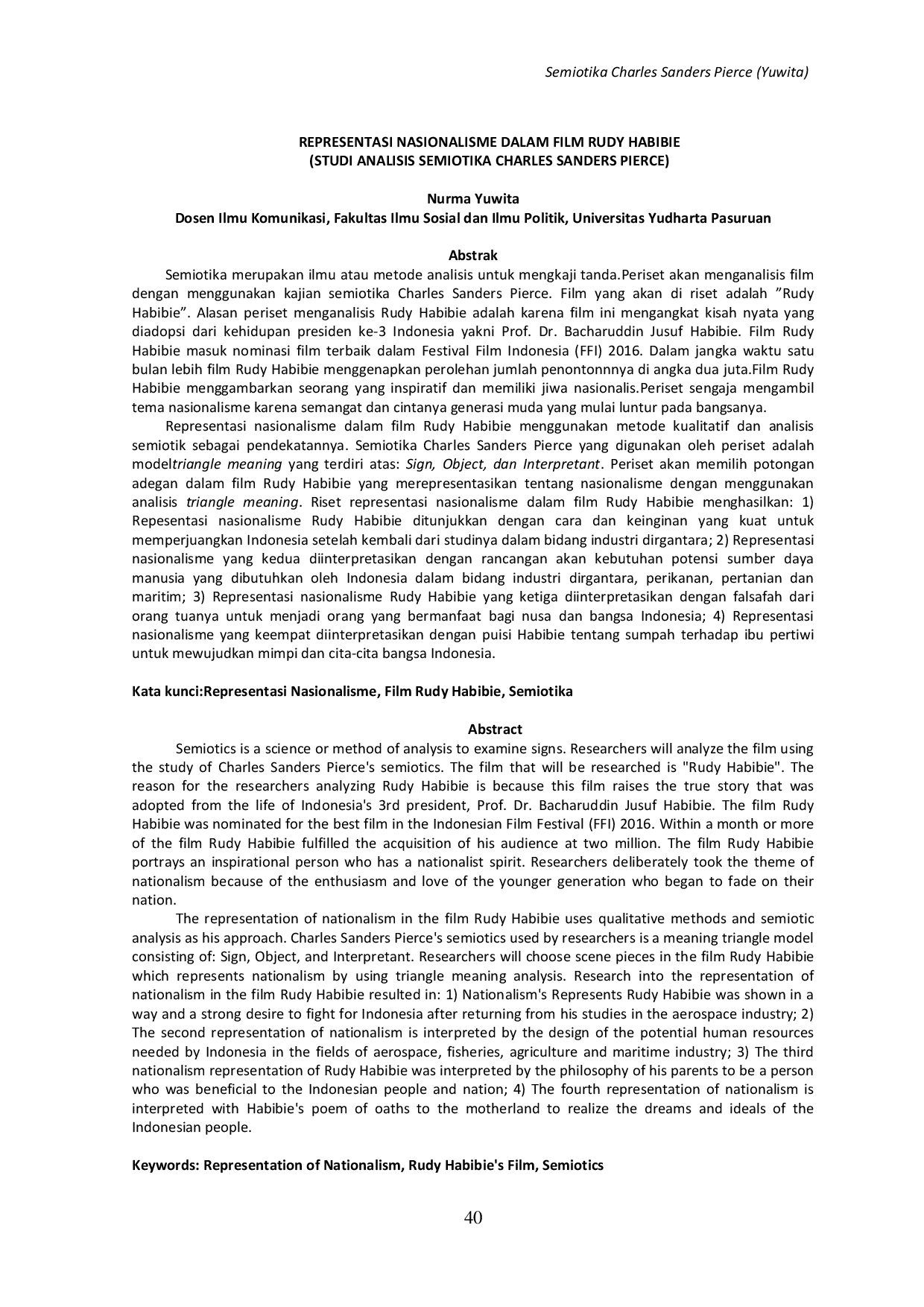 JURIS Representasi Nasionalisme Dalam Film Rudy Habibie Studi Analisis Semiotika Charles Sanders Pierce