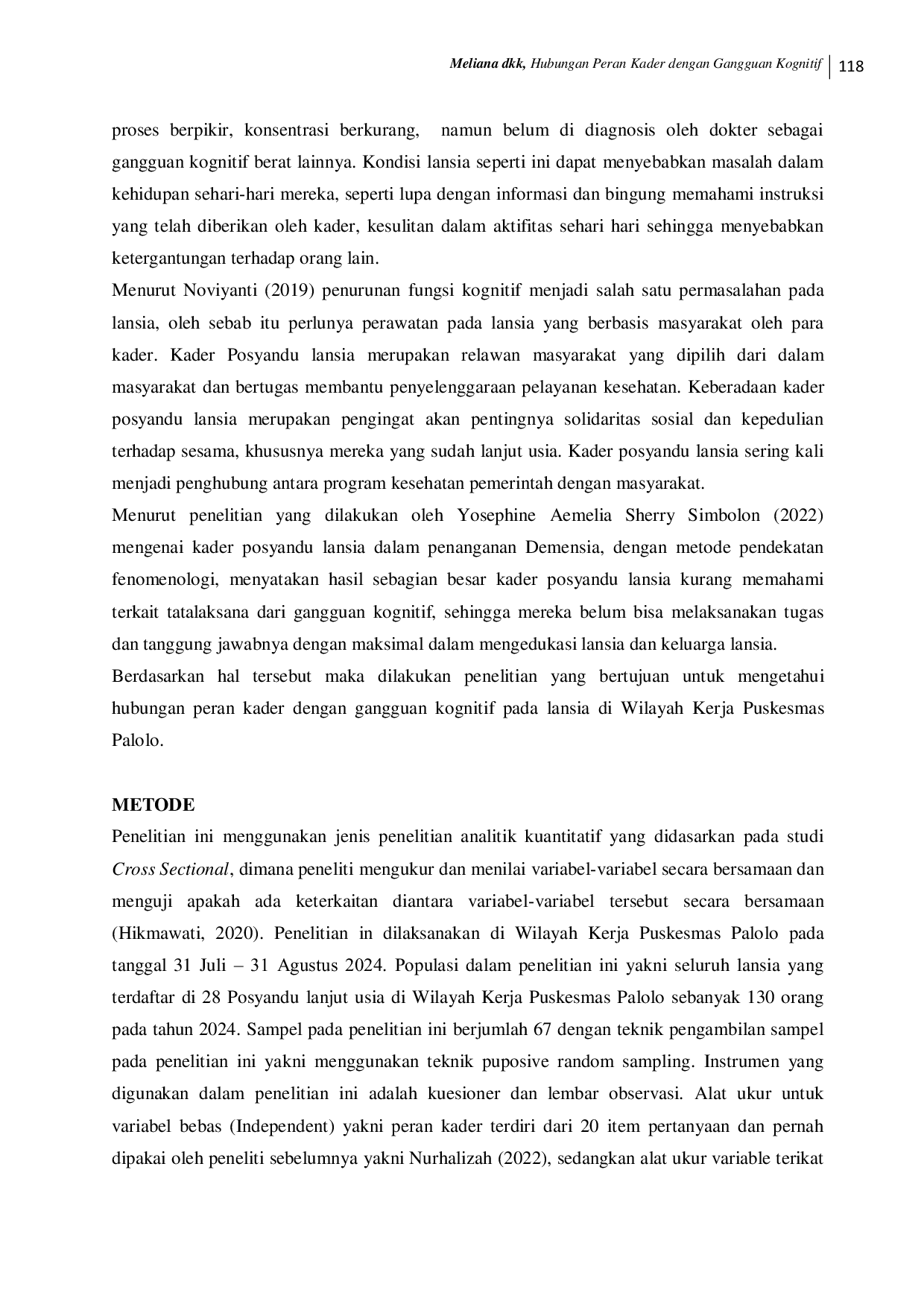 JURIS HUBUNGAN PERAN KADER DENGAN GANGGUAN KOGNITIF PADA LANSIA Peran Kader Gangguan Kognitif Lansia