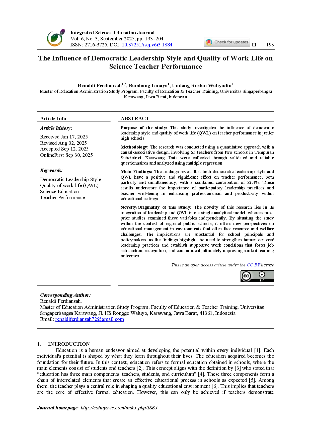 juris The Influence of Democratic Leadership Style and Quality of Work Life on Science Teacher Performance