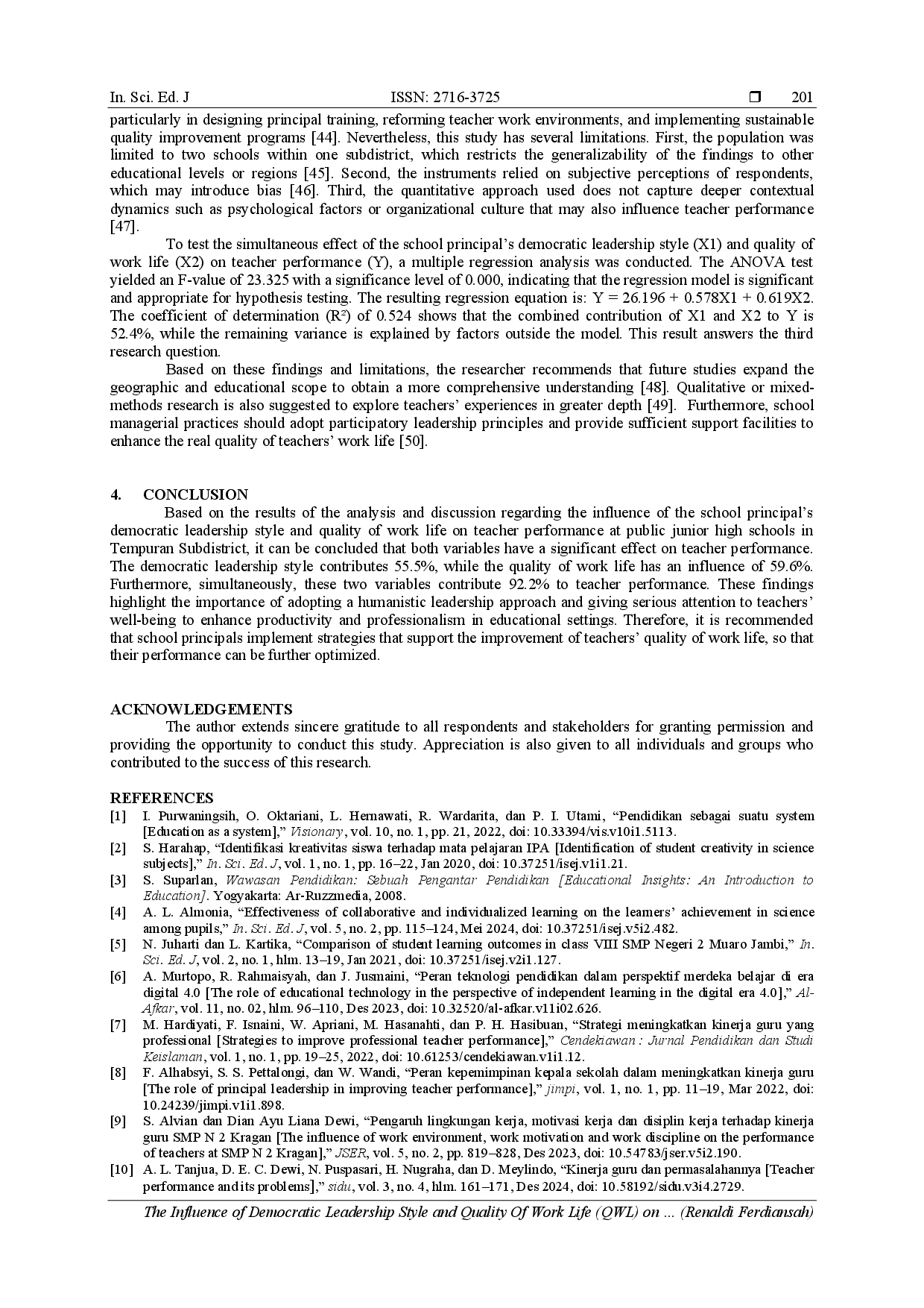 juris The Influence of Democratic Leadership Style and Quality of Work Life on Science Teacher Performance