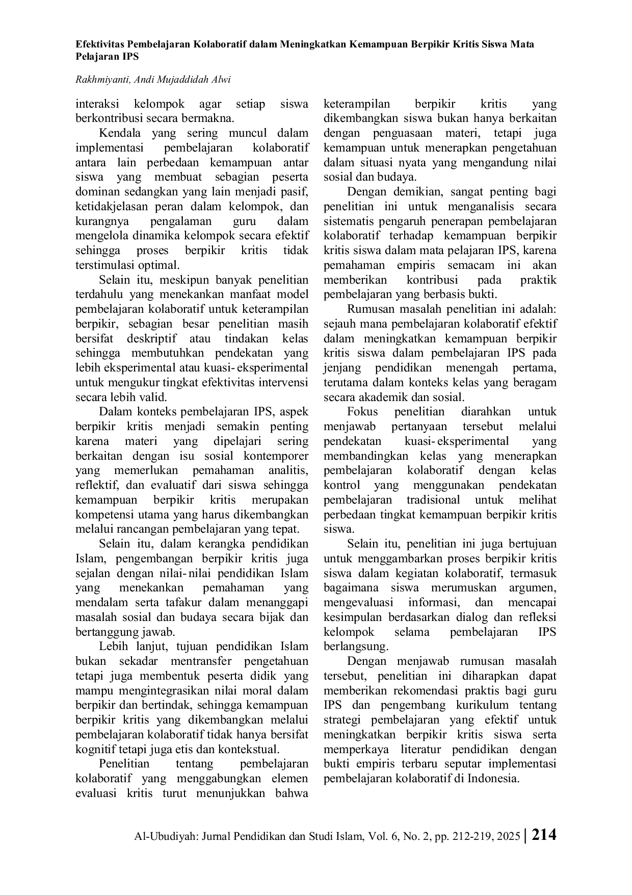 JURIS Efektivitas Pembelajaran Kolaboratif dalam Meningkatkan Kemampuan Berpikir Kritis Siswa Mata Pelajaran IPS