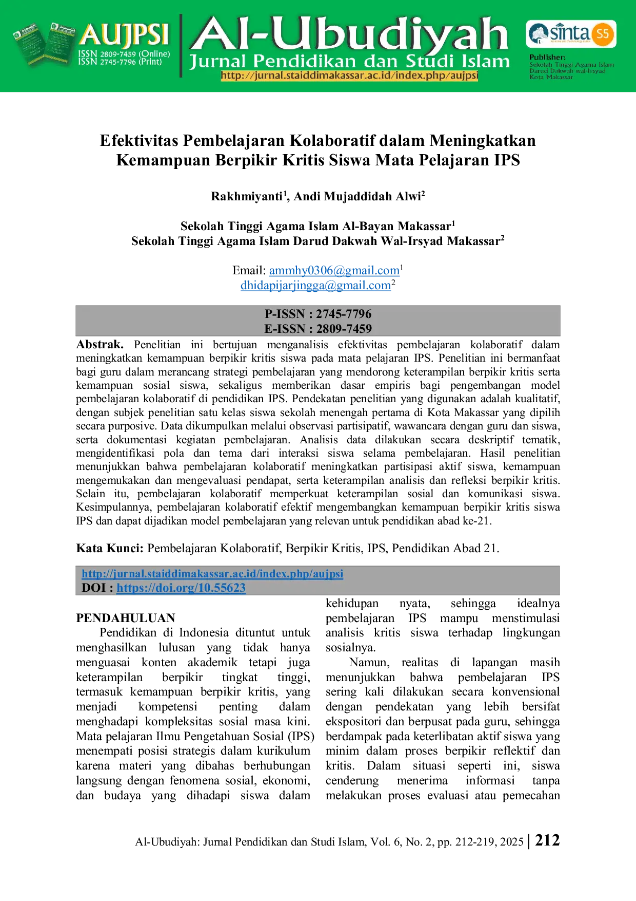 JURIS Efektivitas Pembelajaran Kolaboratif dalam Meningkatkan Kemampuan Berpikir Kritis Siswa Mata Pelajaran IPS