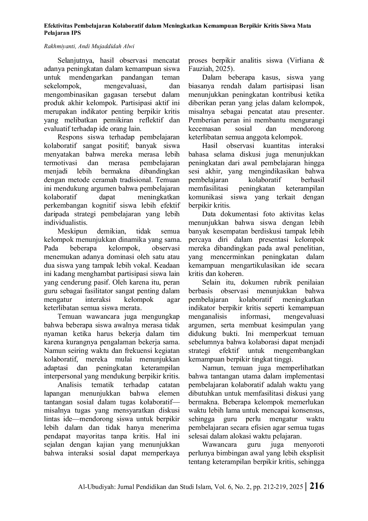 JURIS Efektivitas Pembelajaran Kolaboratif dalam Meningkatkan Kemampuan Berpikir Kritis Siswa Mata Pelajaran IPS