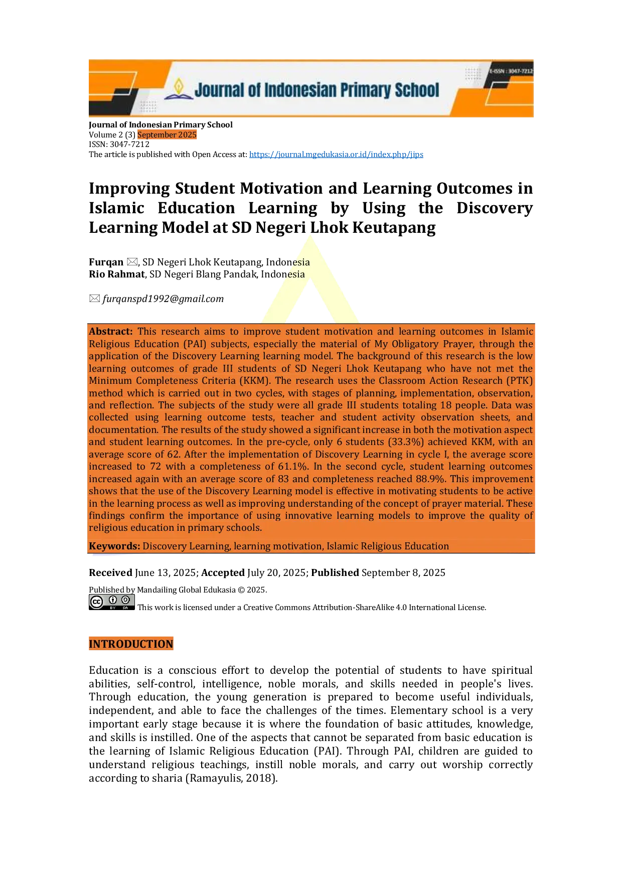 JURIS Improving Student Motivation and Learning Outcomes in Islamic Education Learning by Using the Discovery Learning Model at SD Negeri Lhok Keutapang