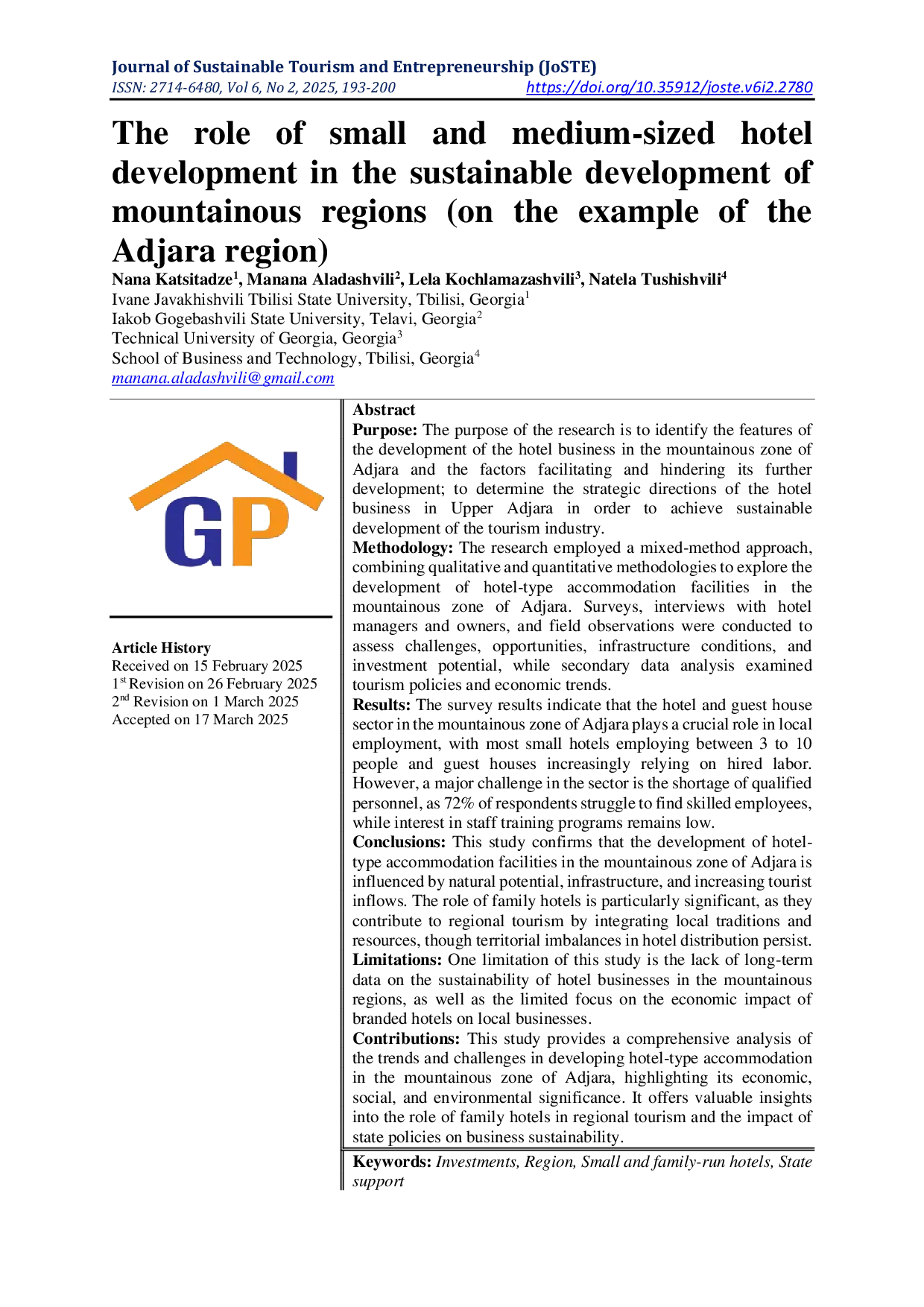 JURIS The role of Small and Medium Sized hotel development in the sustainable development of mountainous regions on the example of the Adjara Region