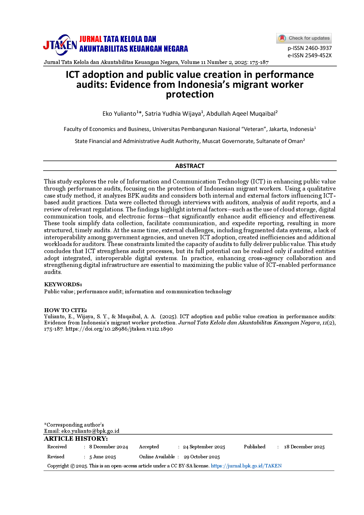 juris ICT Adoption and Public Value Creation in Performance Audits Evidence from Indonesia s Migrant Worker Protection