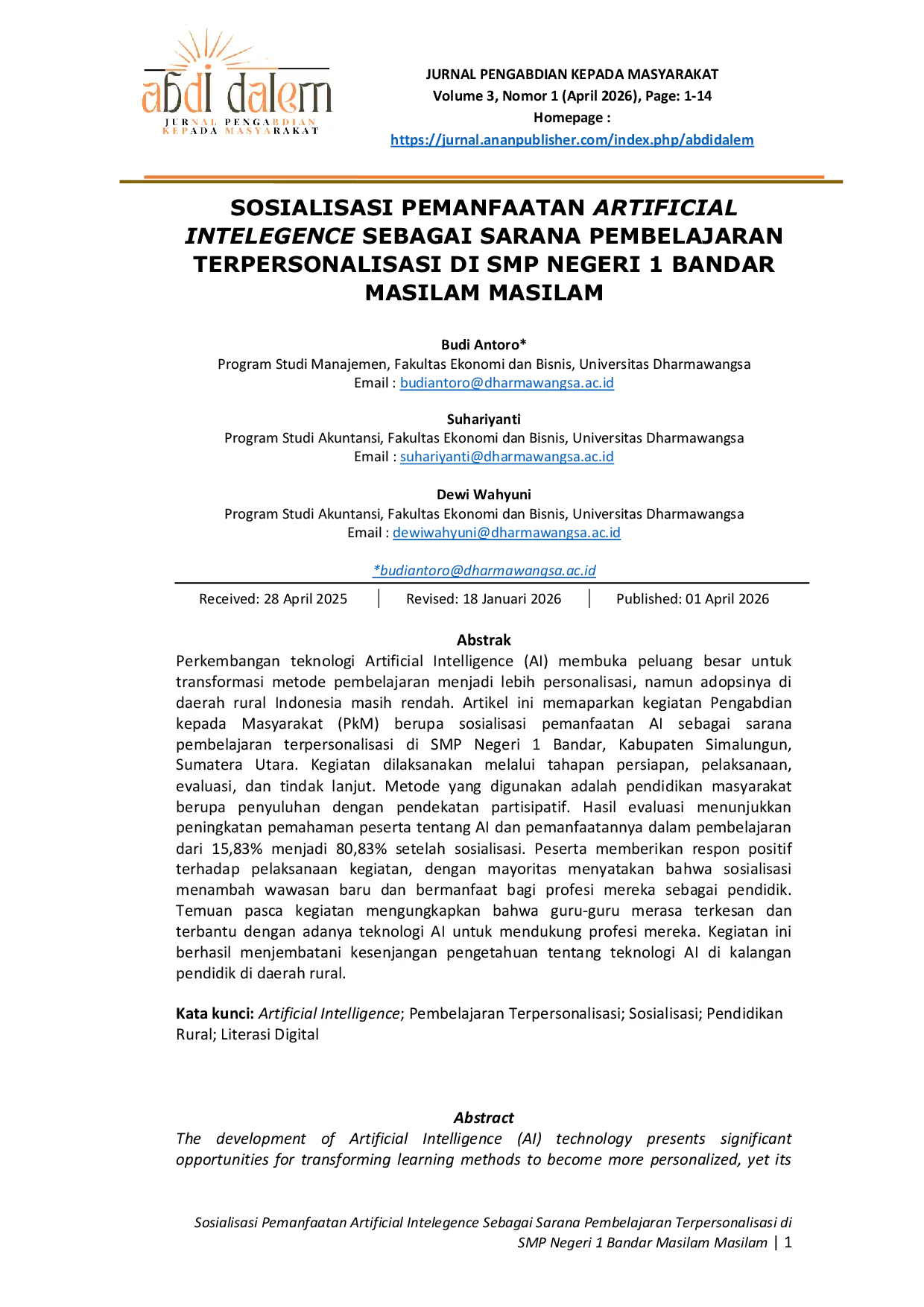 JURIS Sosialisasi Pemanfaatan Artificial Intelegence Sebagai Sarana Pembelajaran Terpersonalisasi Di Smp Negeri 1 Bandar Masilam Masilam