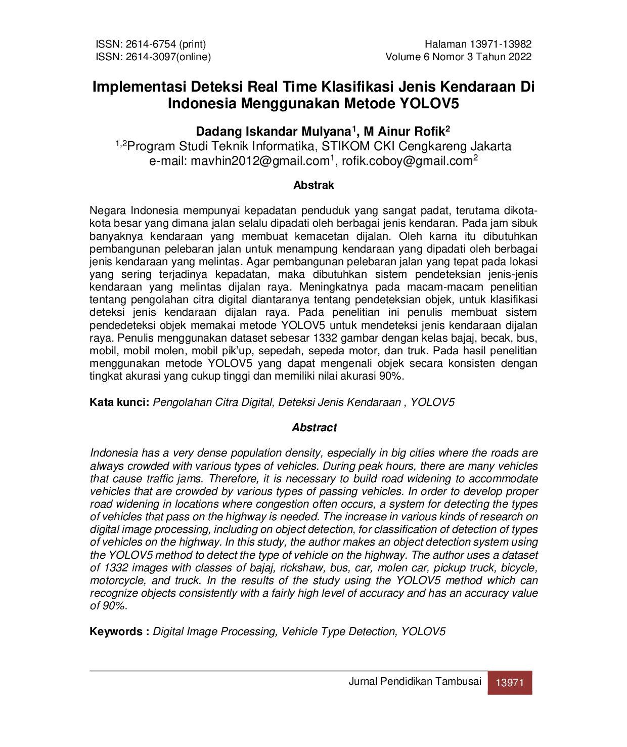 JURIS Implementasi Deteksi Real Time Klasifikasi Jenis Kendaraan Di Indonesia Menggunakan Metode YOLOV5