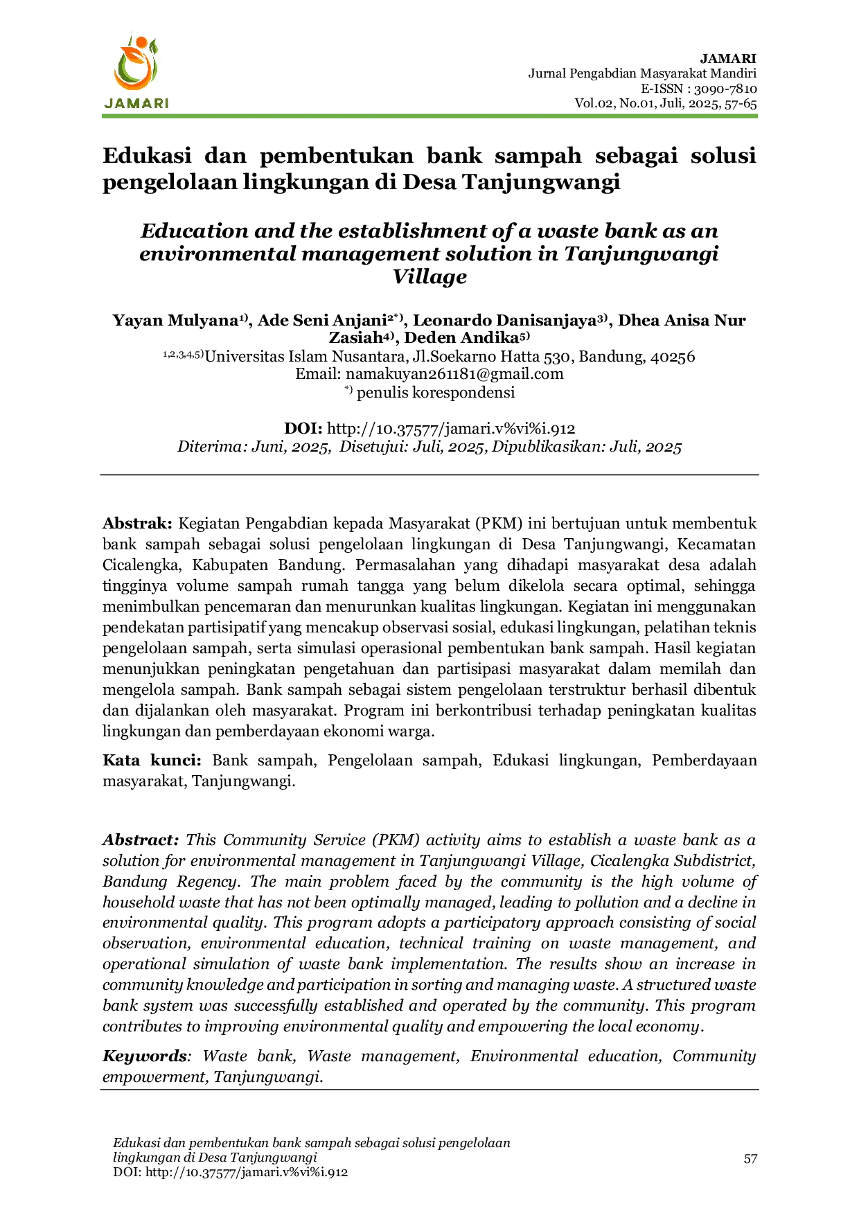 JURIS Edukasi dan Pembentukan Bank Sampah sebagai Solusi Pengelolaan Lingkungan di Desa Tanjungwangi