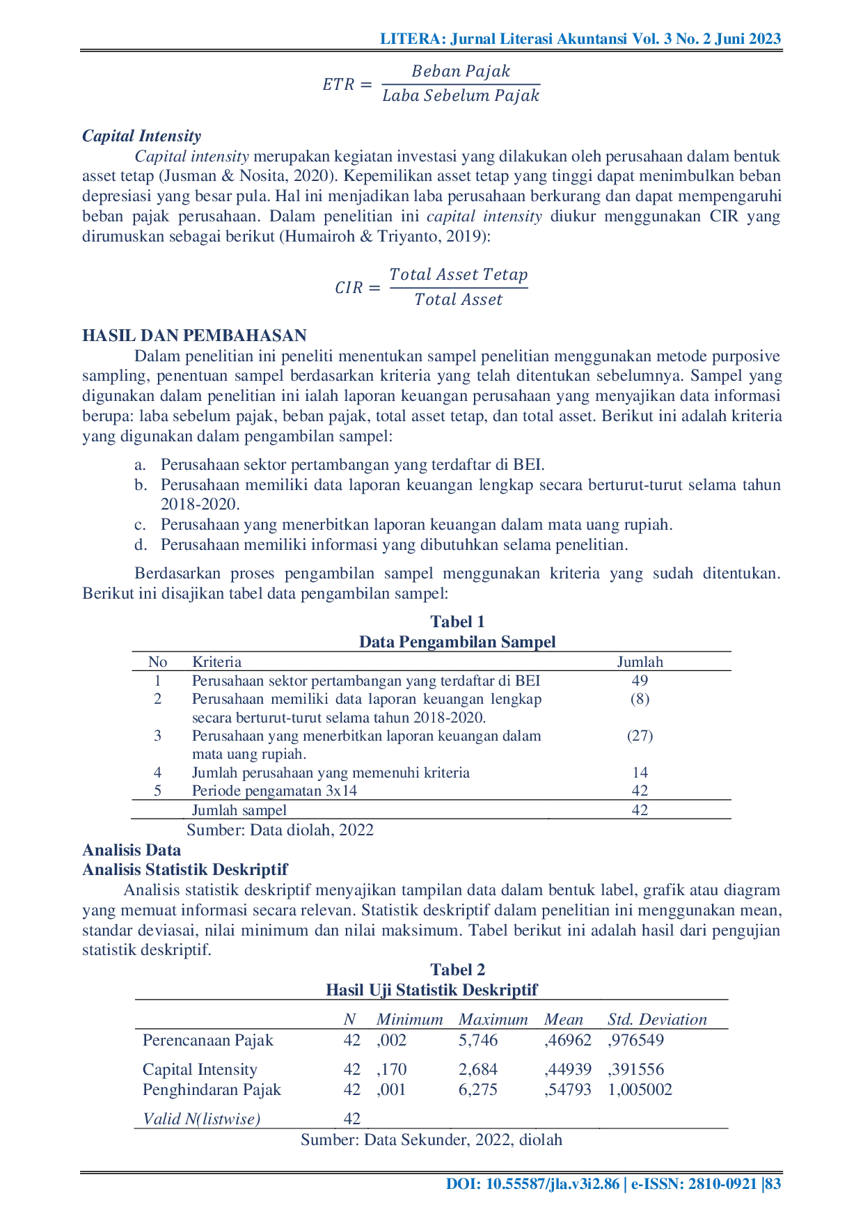 JURIS Pengaruh Perencanaan Pajak dan Capital Intensity Terhadap Penghindaran Pajak Studi Empiris pada Perusahaan Pertambangan yang Terdaftar di Bursa Efek Indonesia Tahun 2018 2020