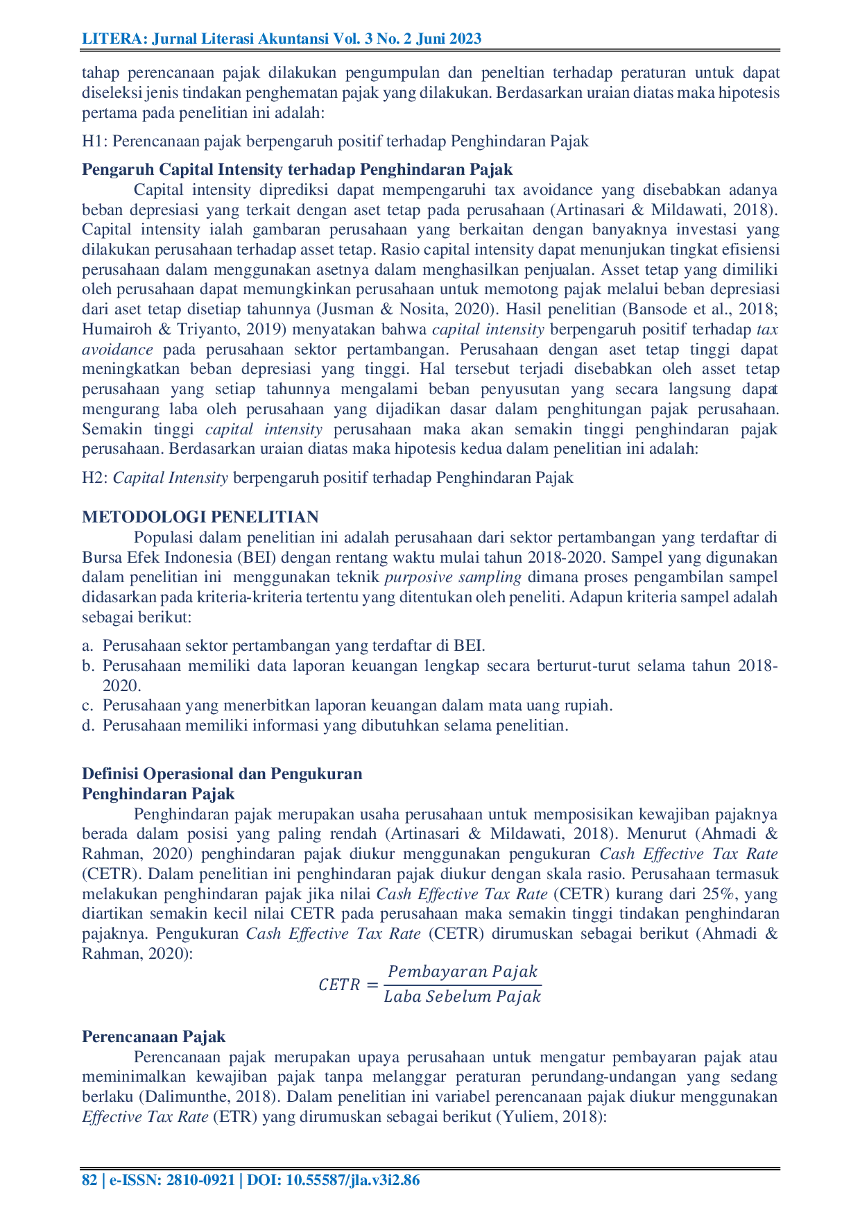 JURIS Pengaruh Perencanaan Pajak dan Capital Intensity Terhadap Penghindaran Pajak Studi Empiris pada Perusahaan Pertambangan yang Terdaftar di Bursa Efek Indonesia Tahun 2018 2020