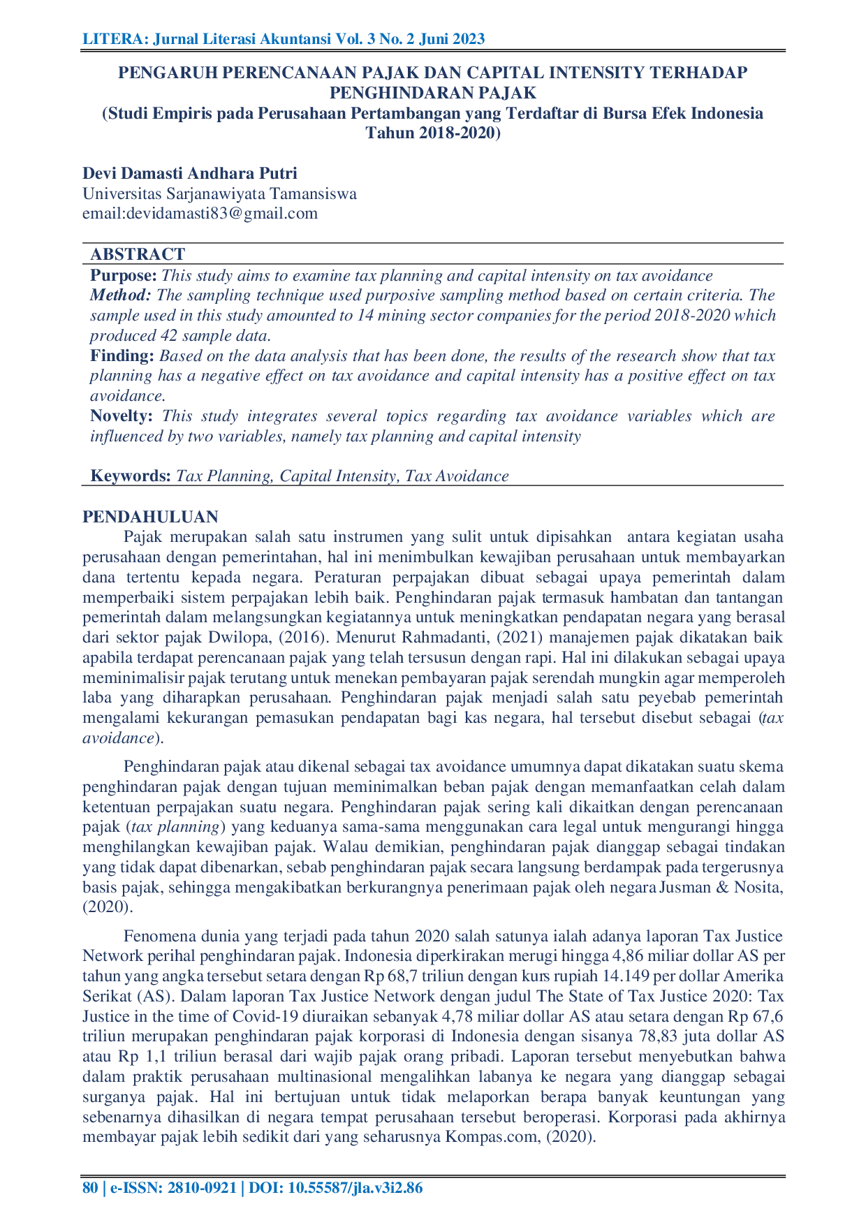 JURIS Pengaruh Perencanaan Pajak dan Capital Intensity Terhadap Penghindaran Pajak Studi Empiris pada Perusahaan Pertambangan yang Terdaftar di Bursa Efek Indonesia Tahun 2018 2020