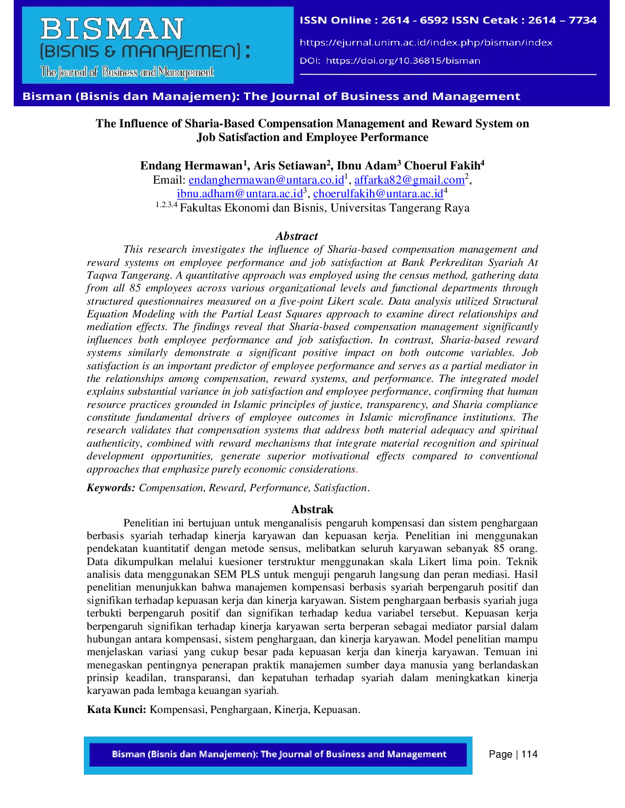 JURIS The Influence of Sharia Based Compensation Management and Reward System on Job Satisfaction and Employee Performance