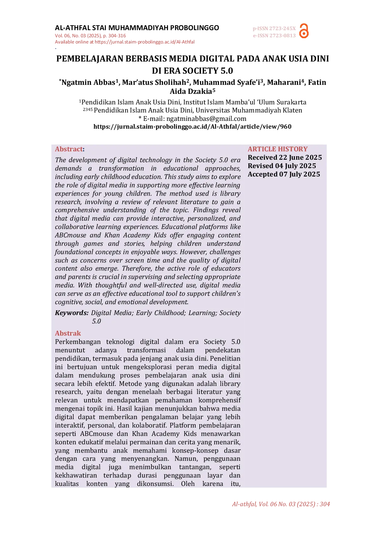 JURIS Pembelajaran Berbasis Media Digital Pada Anak Usia Dini Di Era Society 5 0