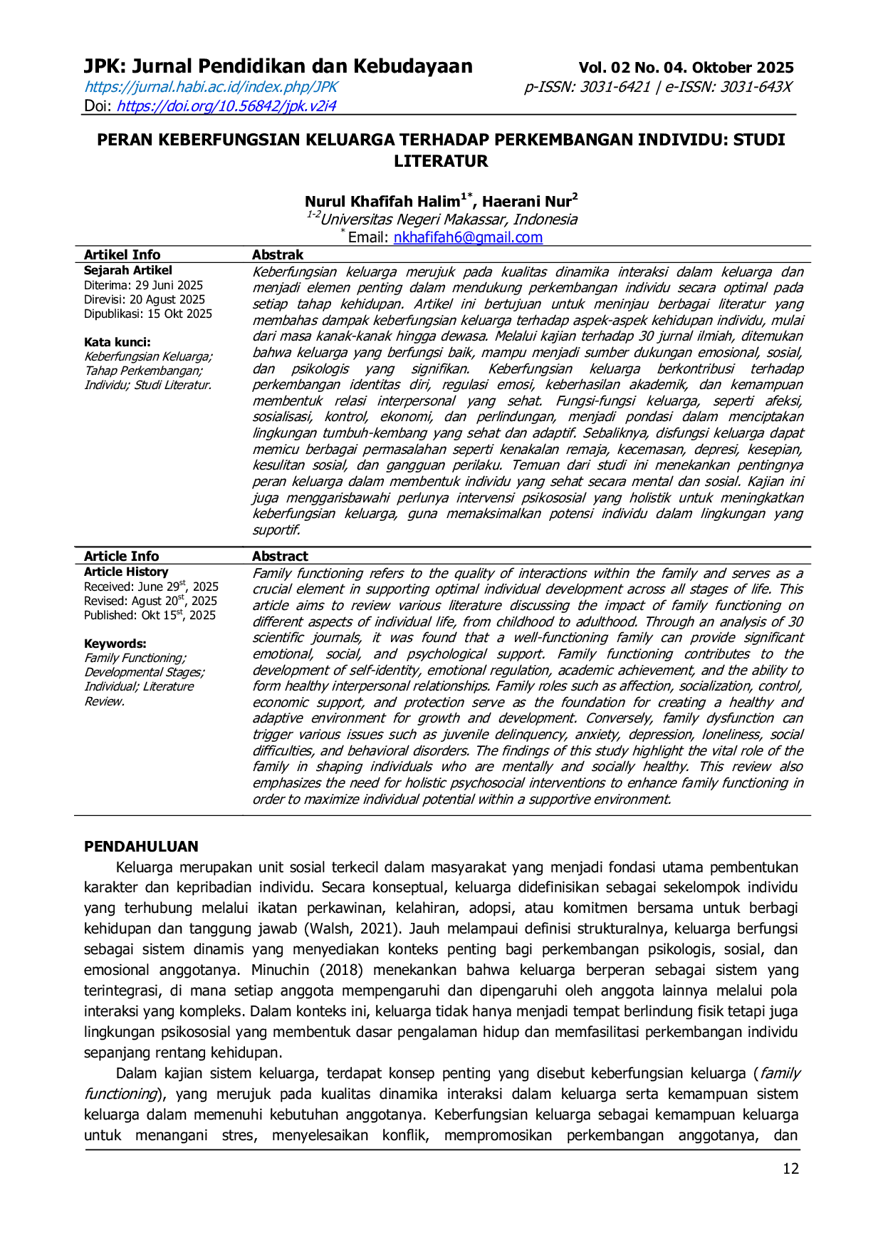 JURIS Peran Keberfungsian Keluarga Terhadap Perkembangan Individu Studi Literatur