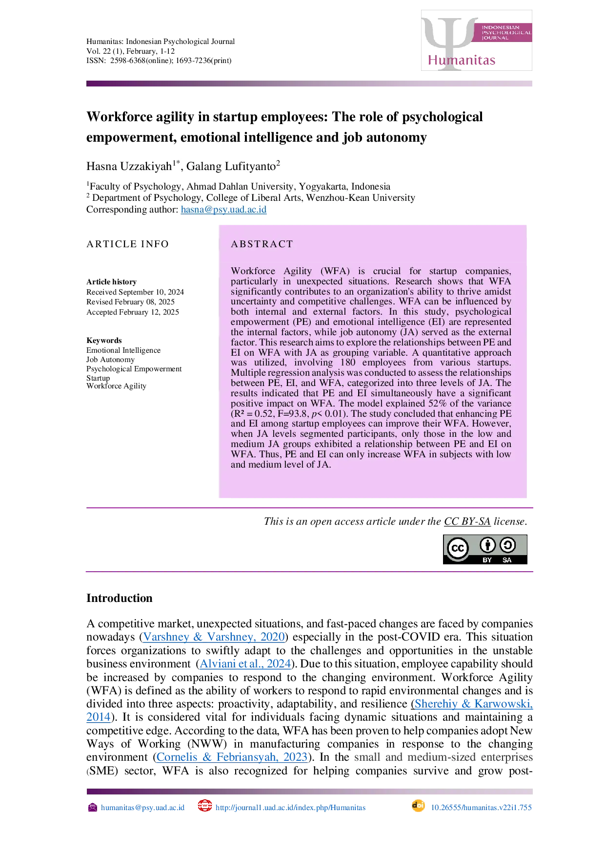 JURIS Workforce agility in startup employees The role of psychological empowerment emotional intelligence and job autonomy