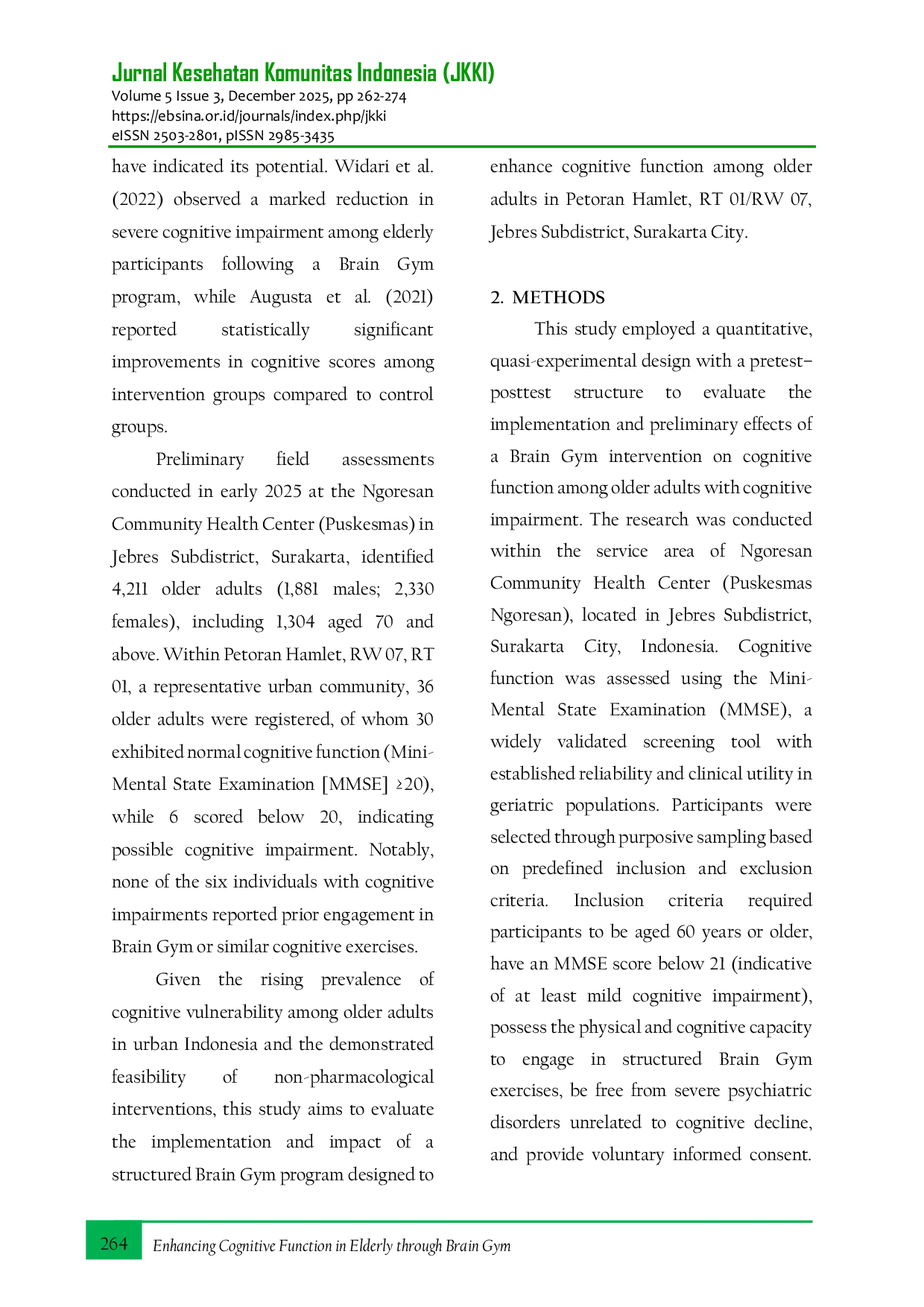 JURIS Enhancing Cognitive Function In Elderly Through Brain Gym A Community Implementation In Petoran Hamlet Surakarta