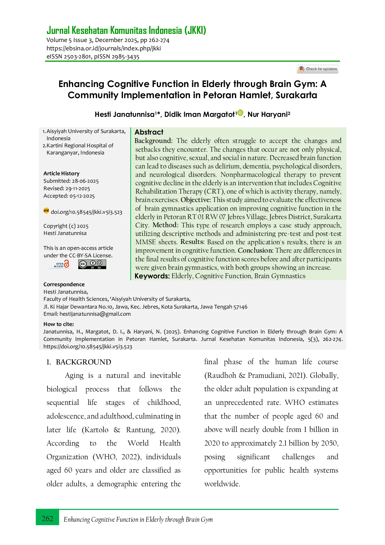JURIS Enhancing Cognitive Function In Elderly Through Brain Gym A Community Implementation In Petoran Hamlet Surakarta