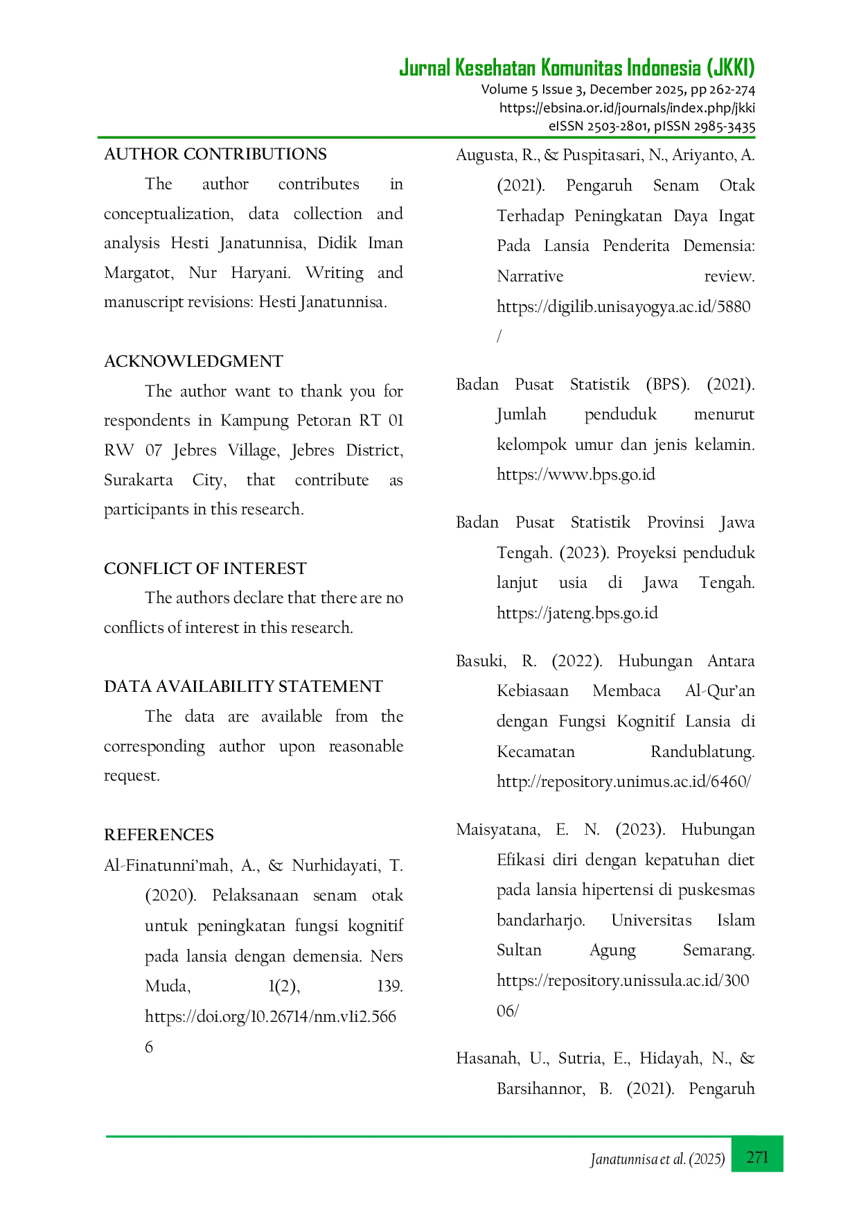 JURIS Enhancing Cognitive Function In Elderly Through Brain Gym A Community Implementation In Petoran Hamlet Surakarta