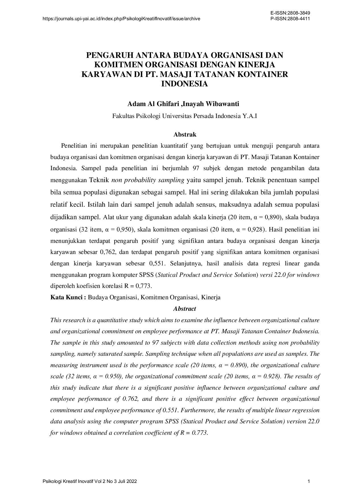 JURIS PENGARUH ANTARA BUDAYA ORGANISASI DAN KOMITMEN ORGANISASI DENGAN KINERJA KARYAWAN DI PT MASAJI TATANAN KONTAINER INDONESIA