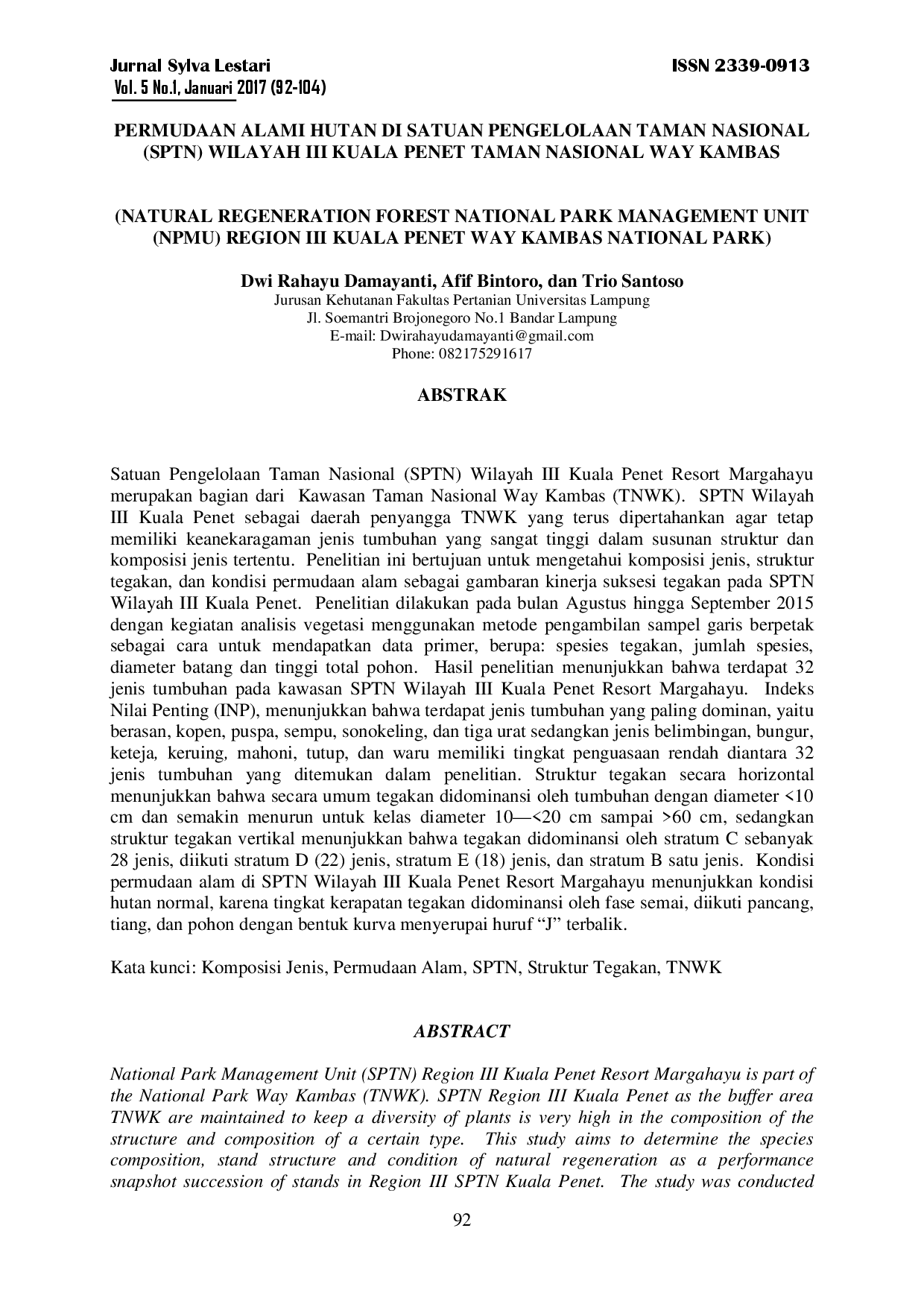 juris Permudaan Alami Hutan Di Satuan Pengelolaan Taman Nasional Sptn Wilayah Iii Kuala Penet Taman Nasional Way Kambas