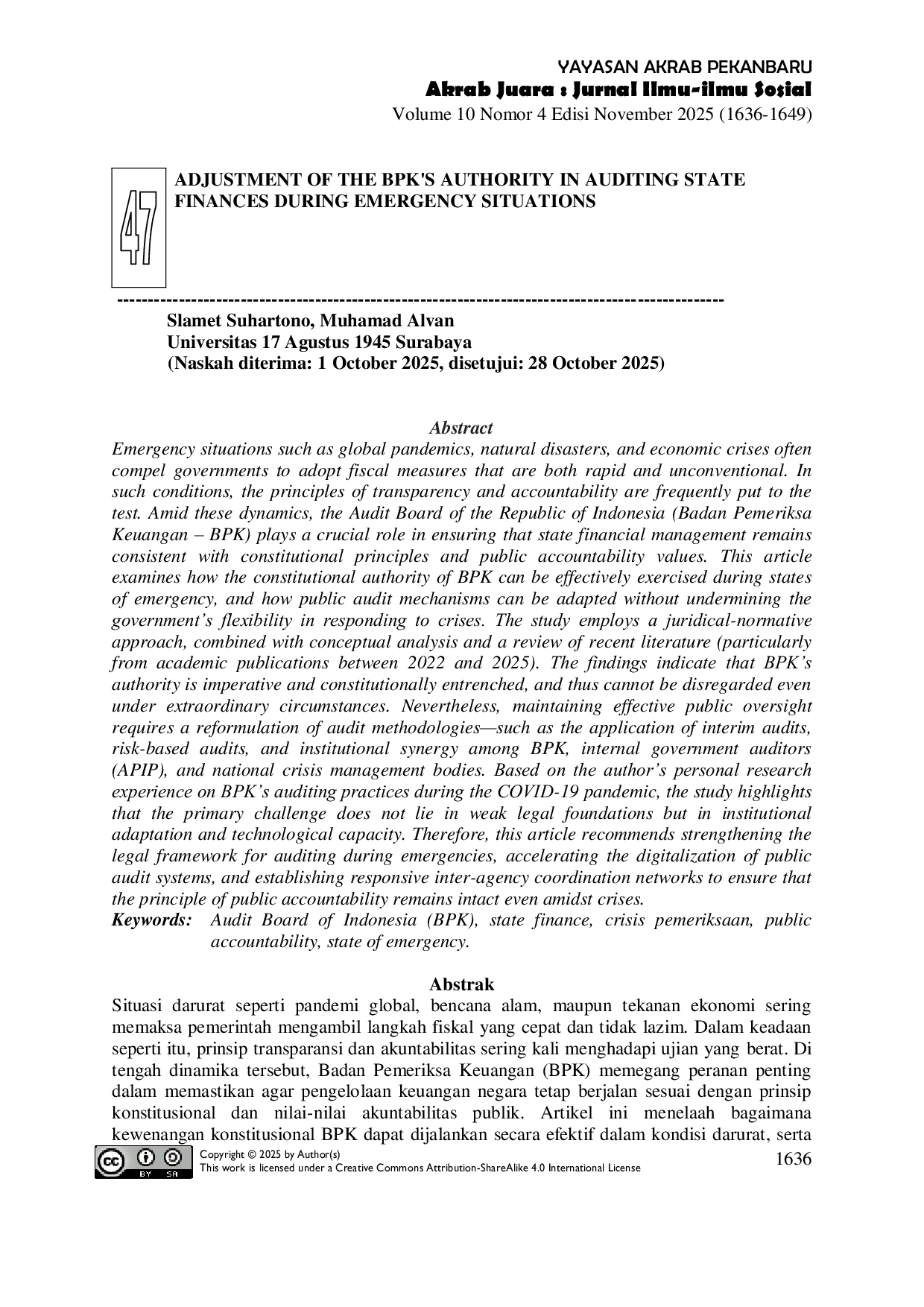 JURIS Adjustment of the BPK s Authority in Auditing State Finances During Emergency Situations