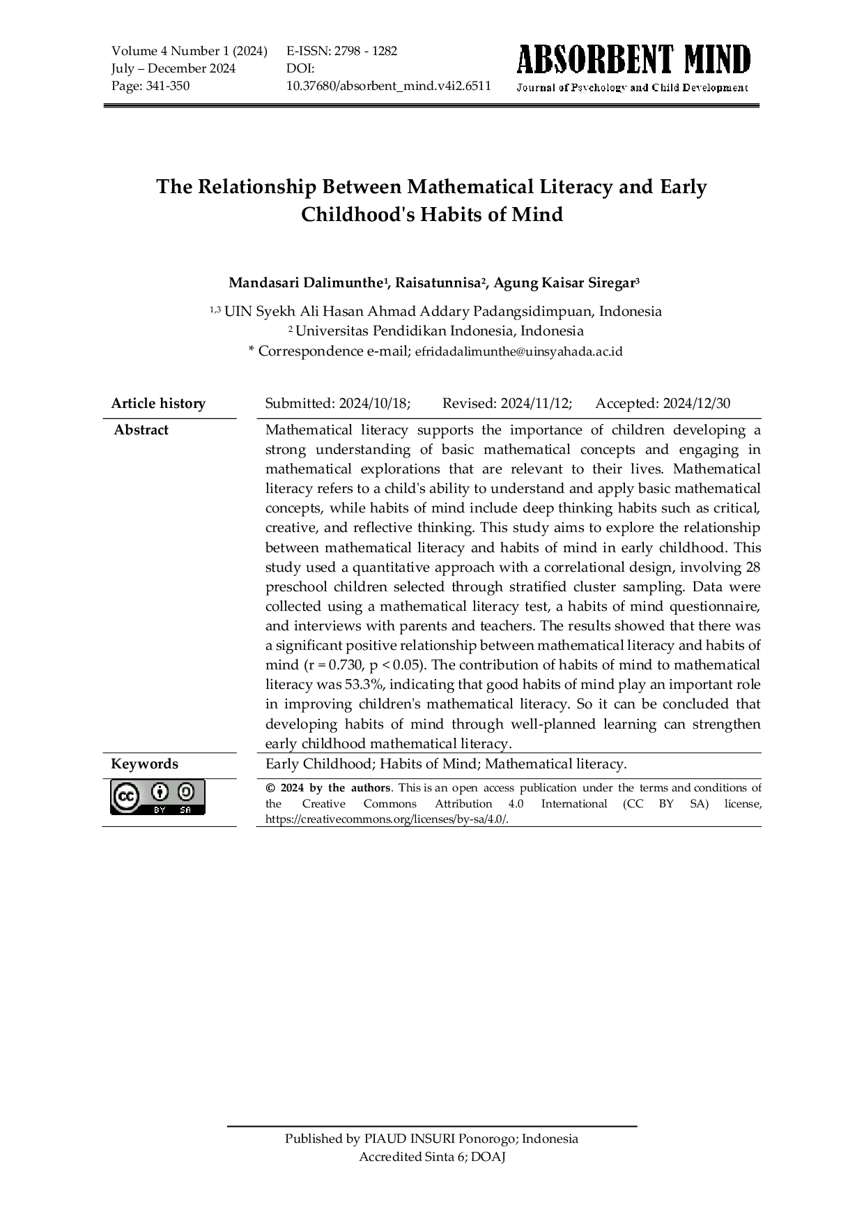 JURIS Hubungan Antara Literasi Matematika dan Kebiasaan Berpikir pada Anak Usia Dini