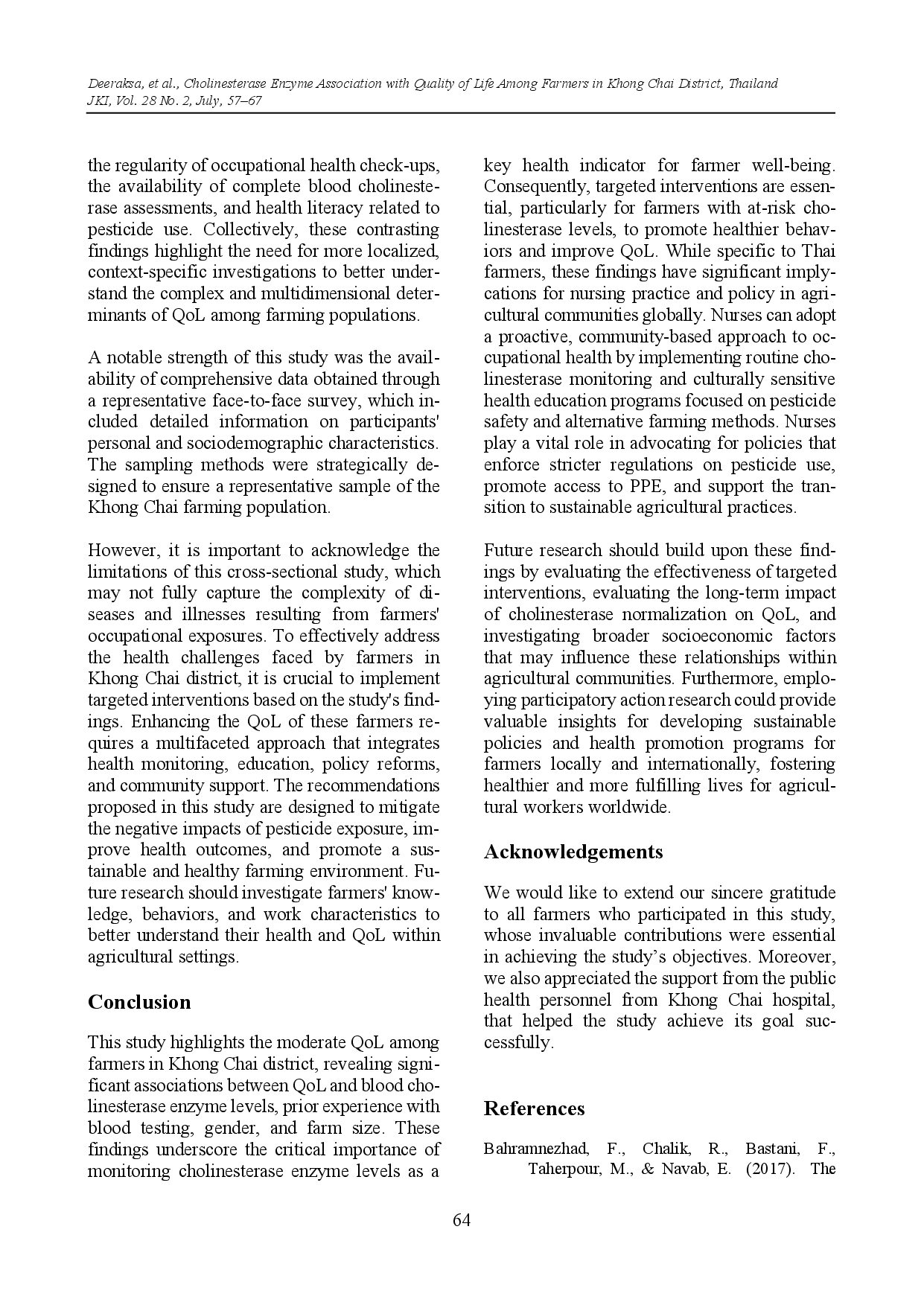 juris Cholinesterase Enzyme Association with Quality of Life Among Farmers in Khong Chai District Kalasin Province Thailand