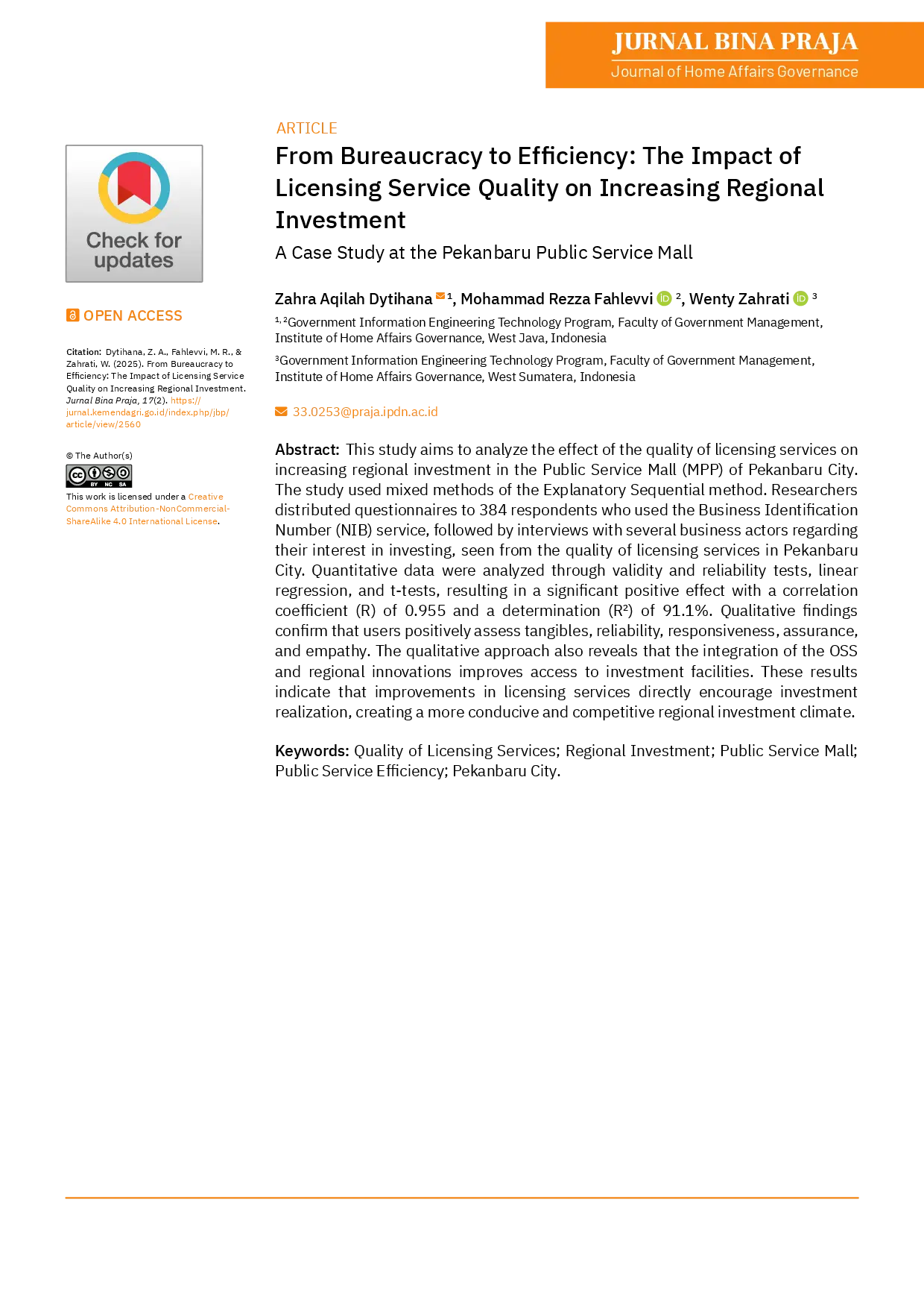 juris Dari Birokrasi ke Efisiensi Pengaruh Kualitas Layanan Perizinan Terhadap Peningkatan Investasi Daerah Studi Kasus di Mal Pelayanan Publik Pekanbaru
