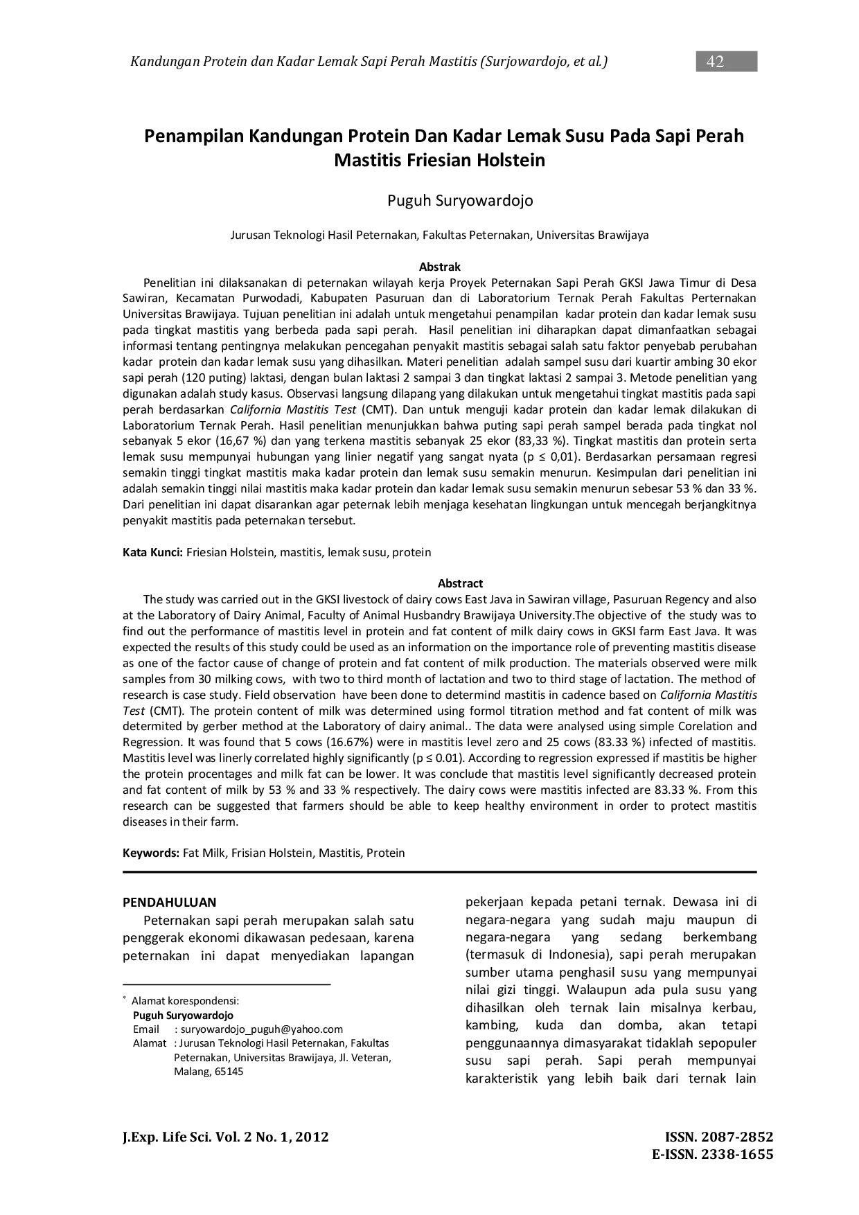 JURIS Penampilan Kandungan Protein Dan Kadar Lemak Susu Pada Sapi Perah Mastitis Friesian Holstein