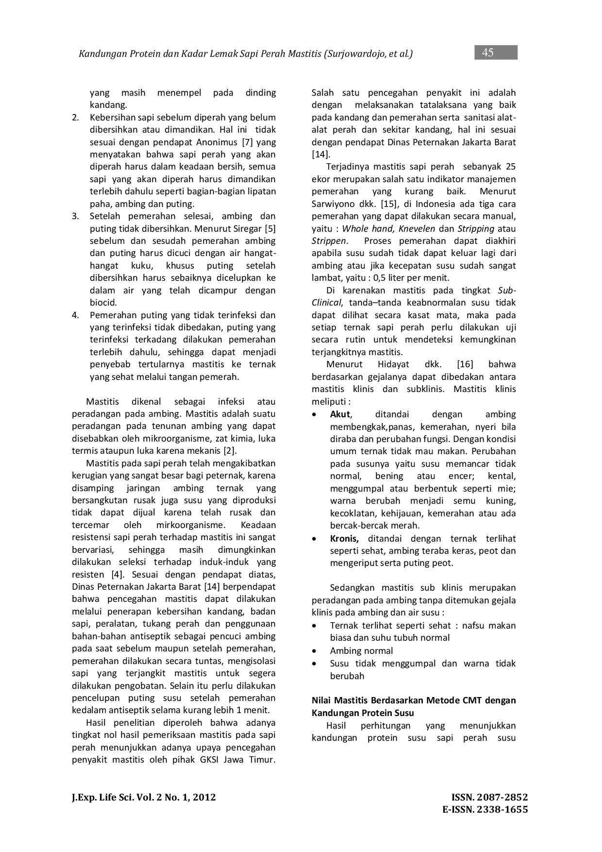 JURIS Penampilan Kandungan Protein Dan Kadar Lemak Susu Pada Sapi Perah Mastitis Friesian Holstein