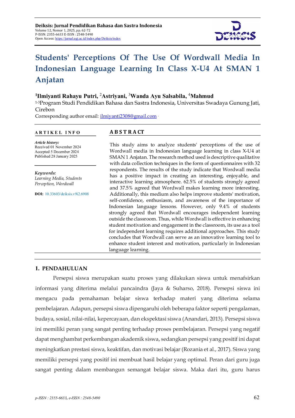 JURIS Students Perceptions Of The Use Of Wordwall Media In Indonesian Language Learning In Class X U4 At SMAN 1 Anjatan