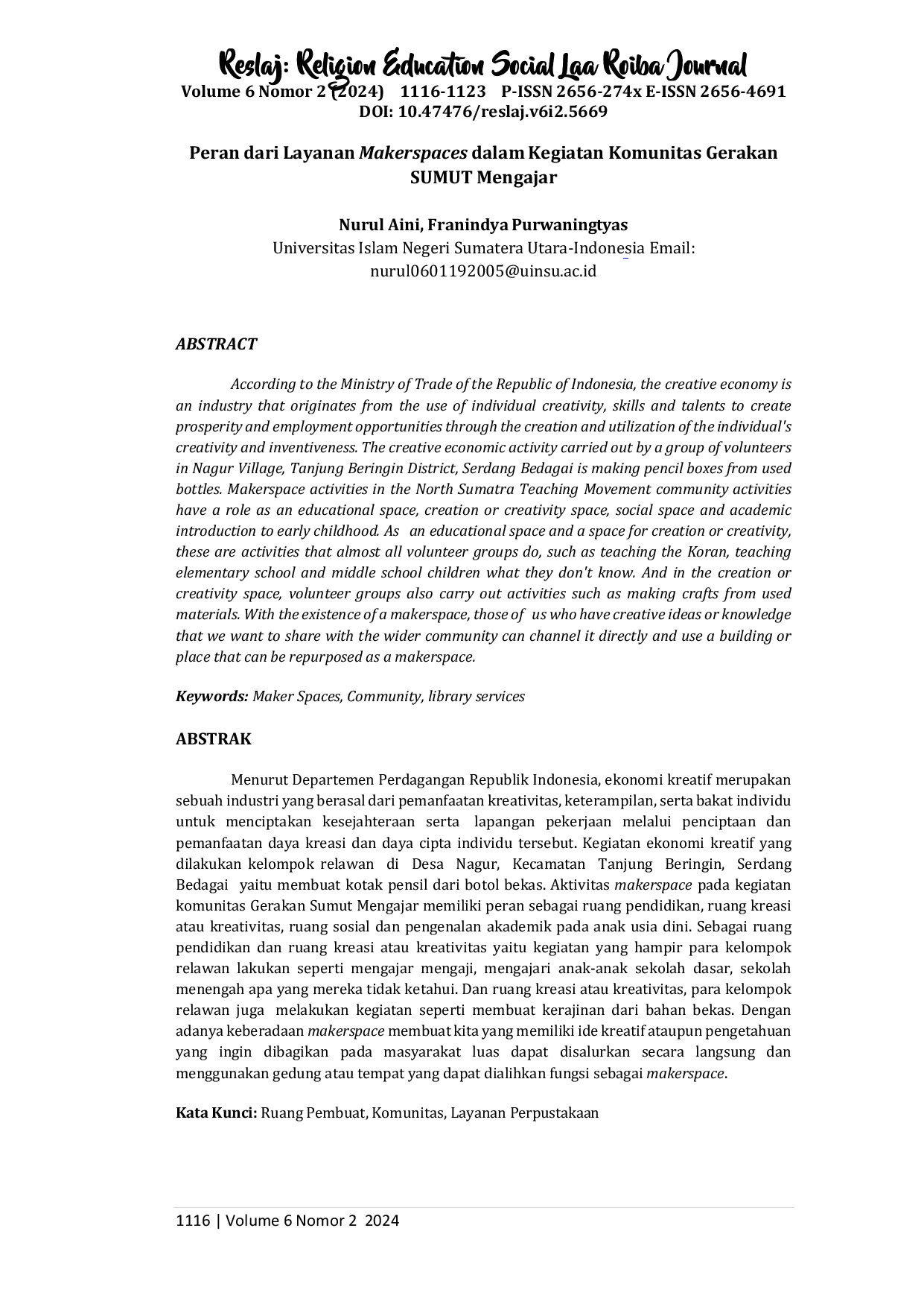 juris Peran dari Layanan Makerspaces dalam Kegiatan Komunitas Gerakan SUMUT Mengajar