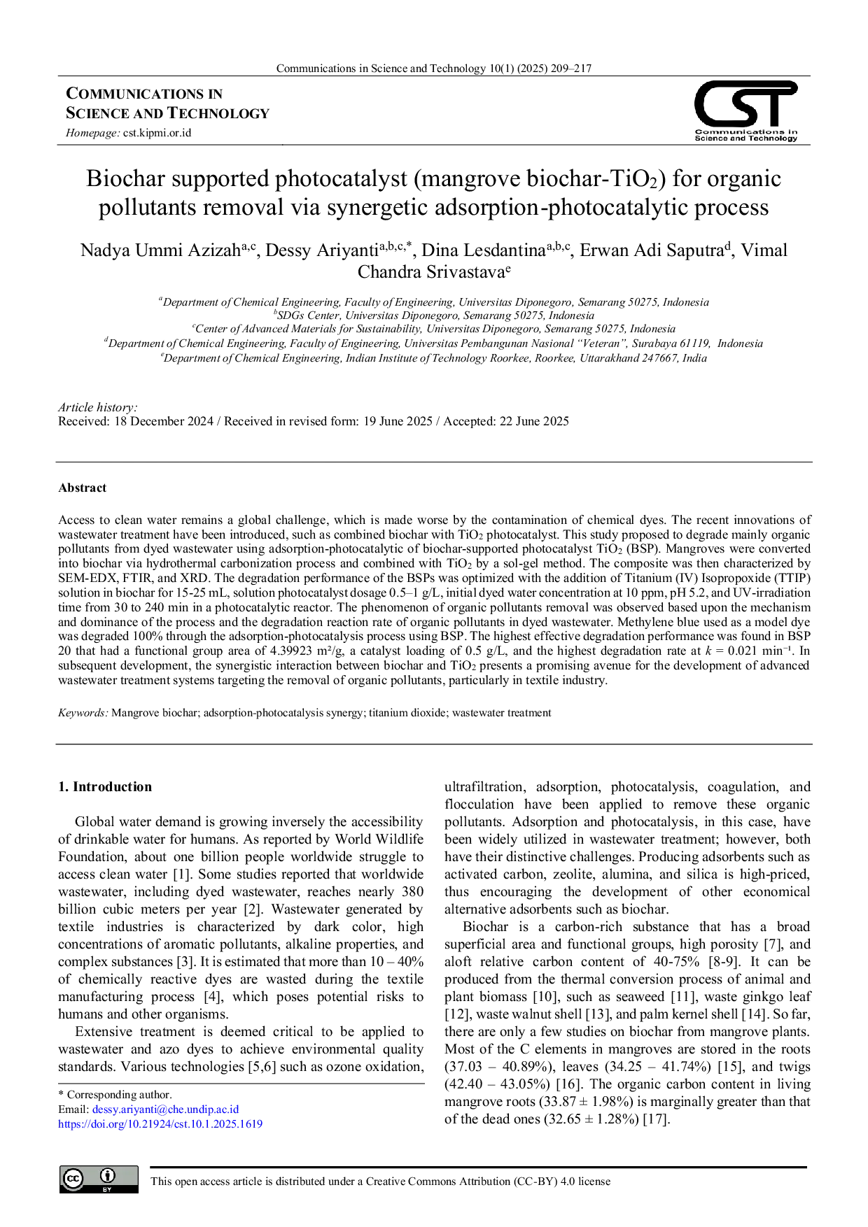 JURIS Biochar supported photocatalyst mangrove biochar TiO2 for organic pollutants removal via synergetic adsorption photocatalytic process